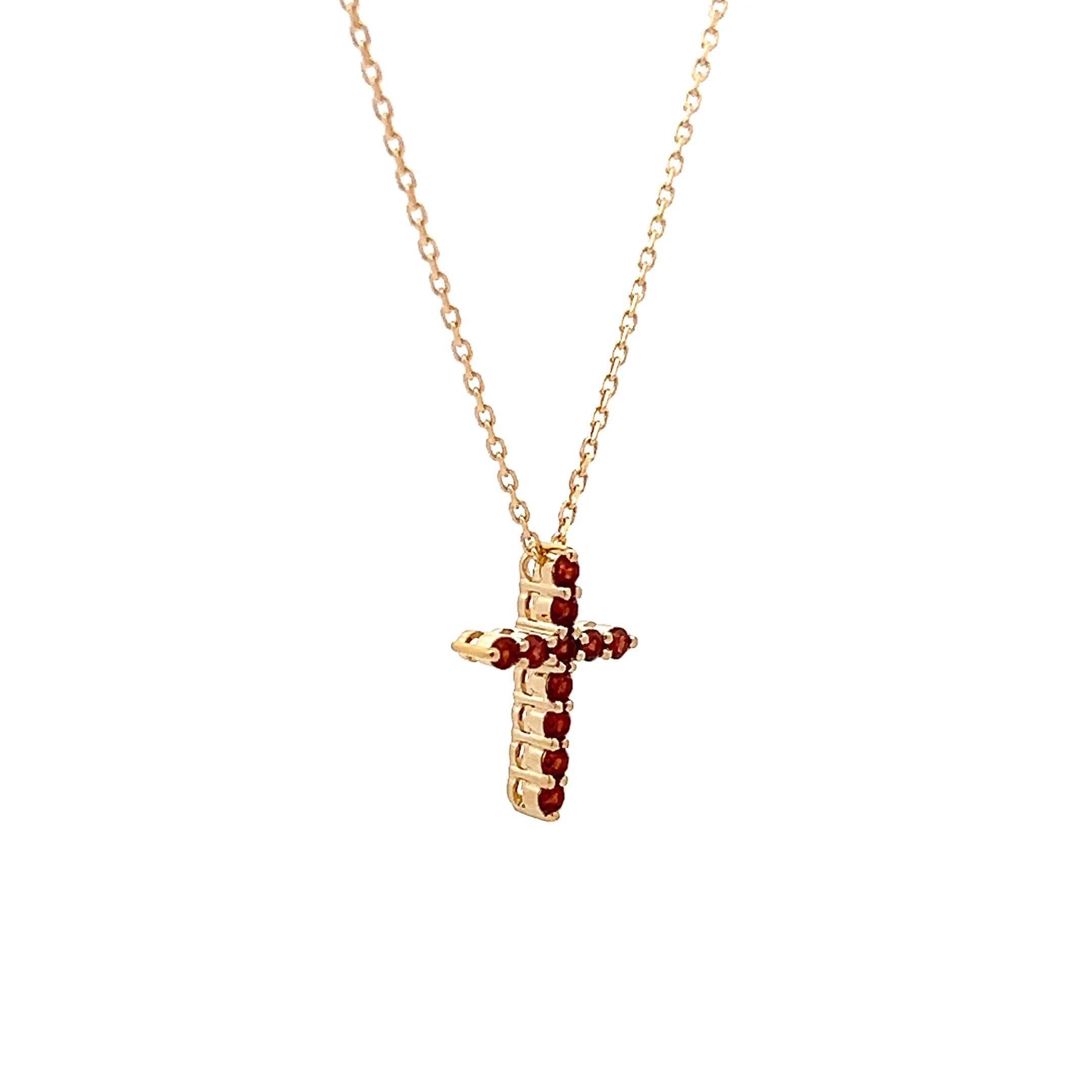 Garnet Cross Pendant Necklace 14k Yellow Gold - Image 3