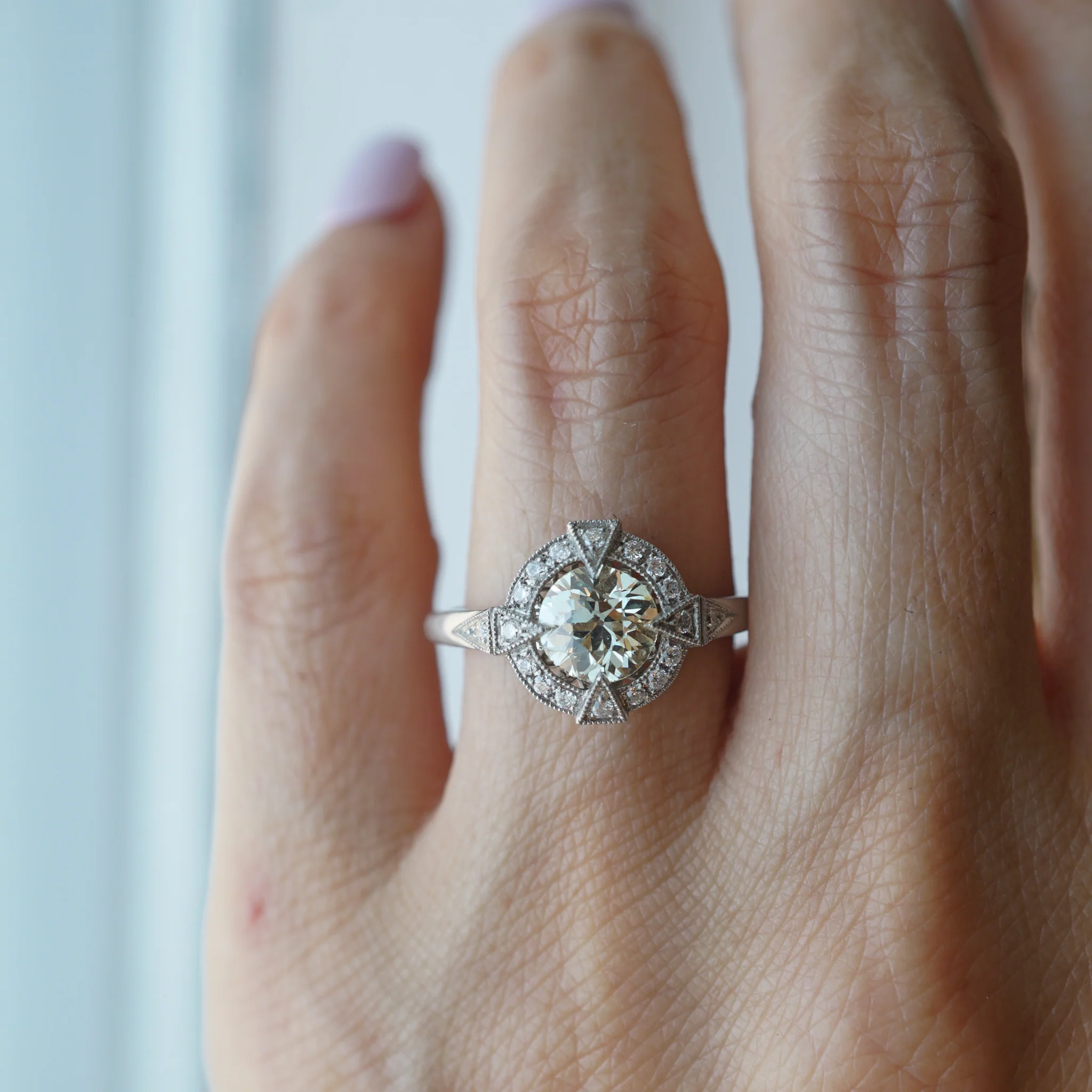 Geometric Antique Inspired Diamond Engagement Ring in Platinum - Image 7