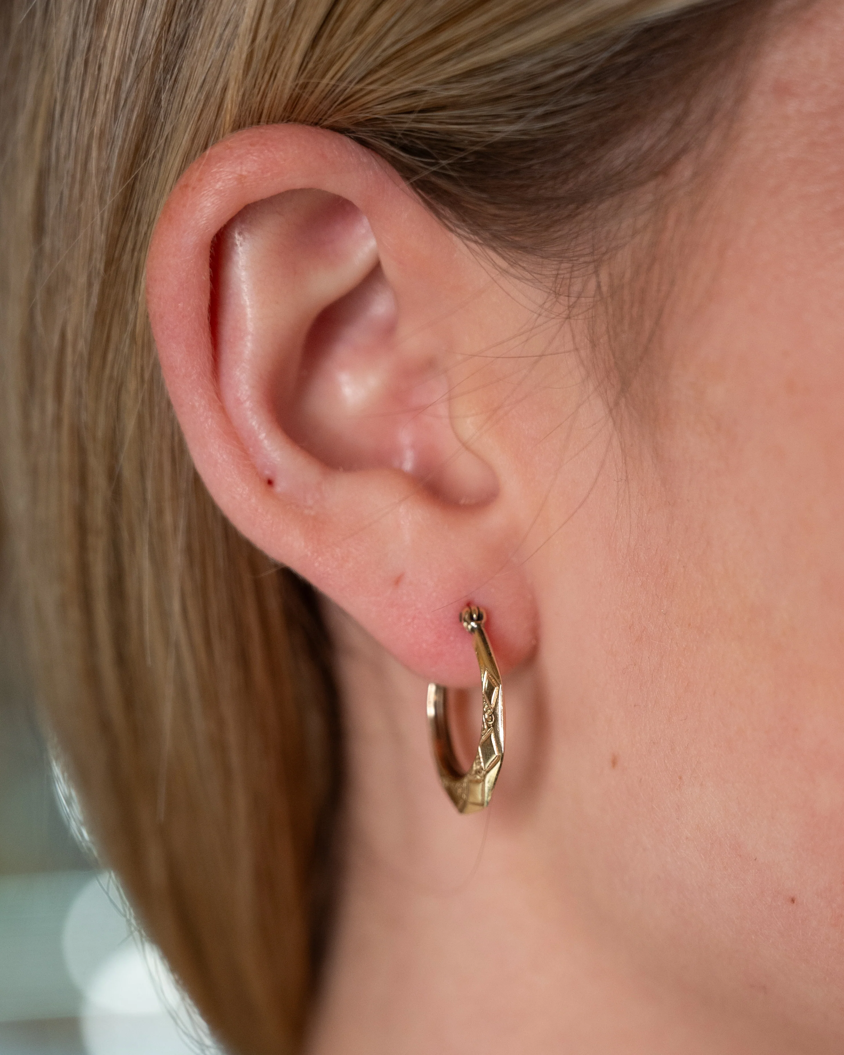 Geometric Engraved Hoop Earrings 14k Yellow Gold - Image 4