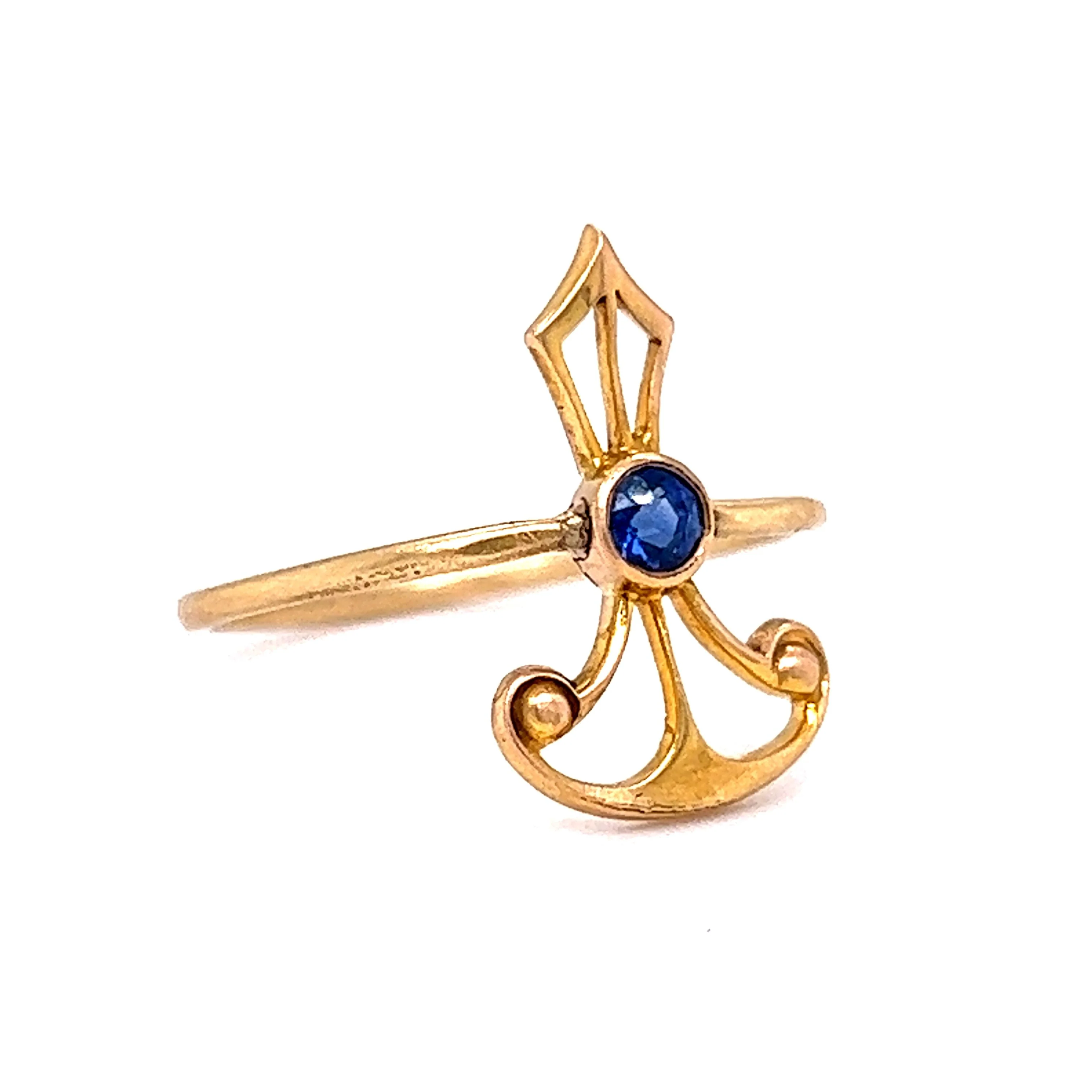 Geometric Victorian Blue Sapphire Ring in 14k Yellow Gold - Image 3