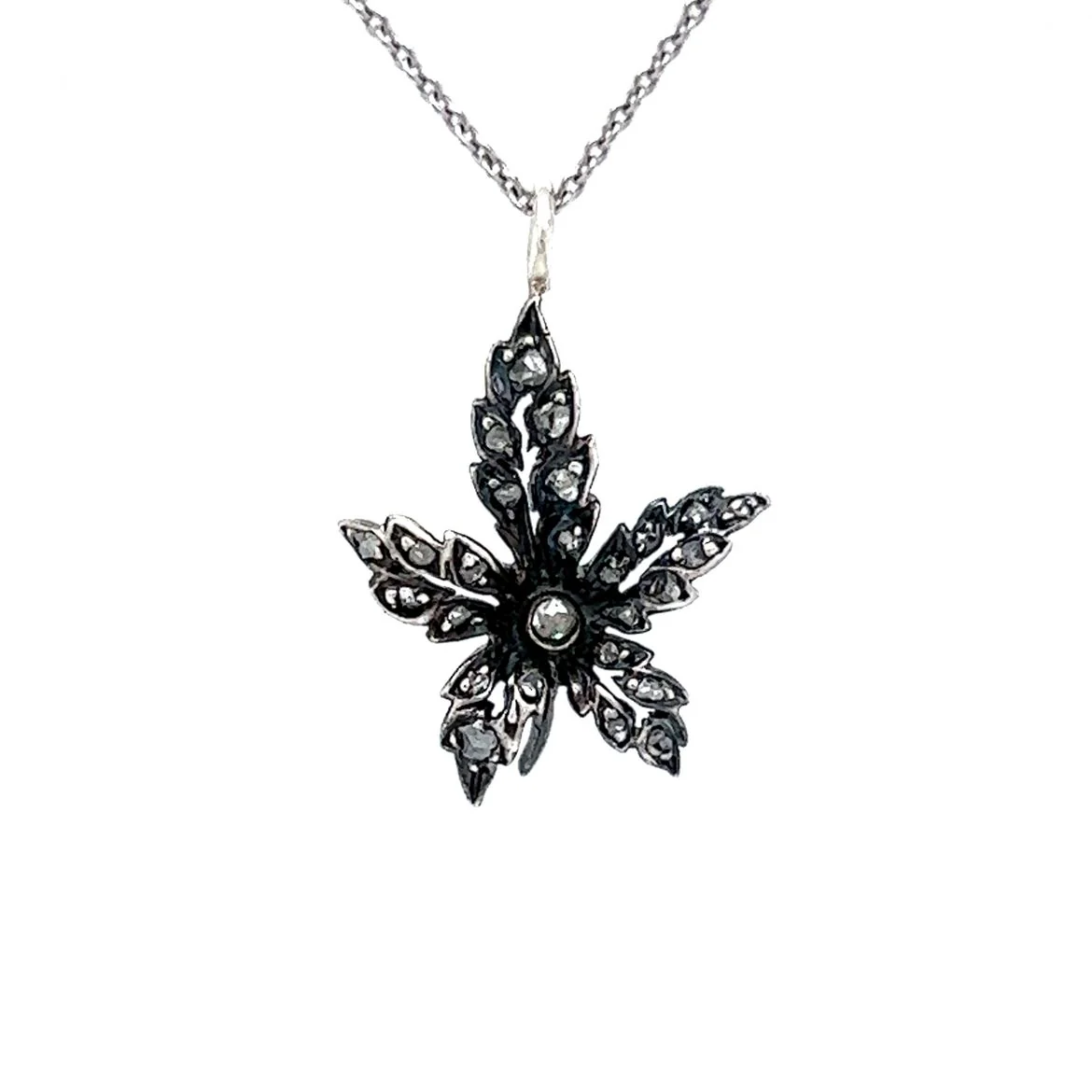 Georgian Diamond Leaf Pendant Necklace in Silver & 14k