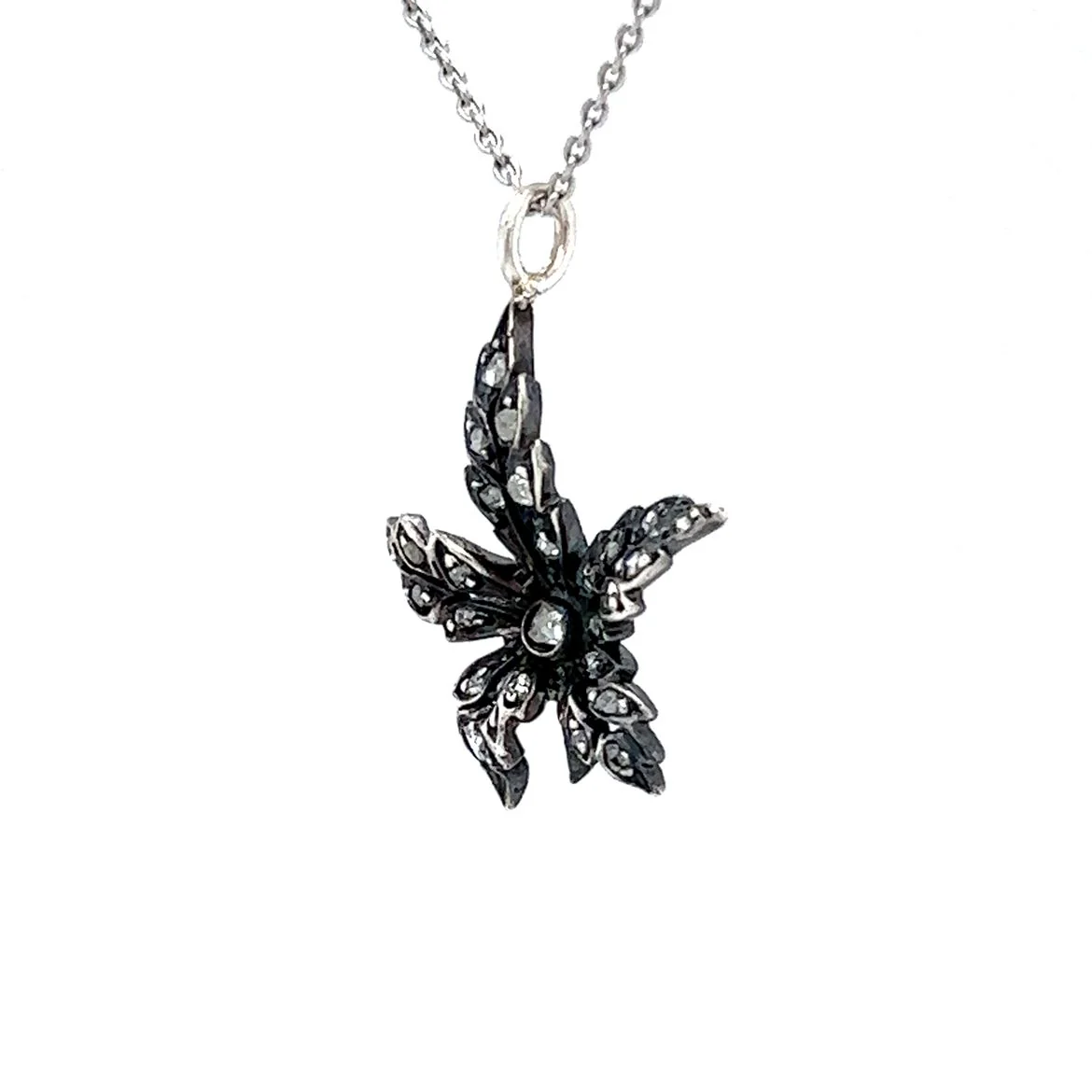 Georgian Diamond Leaf Pendant Necklace in Silver & 14k - Image 2