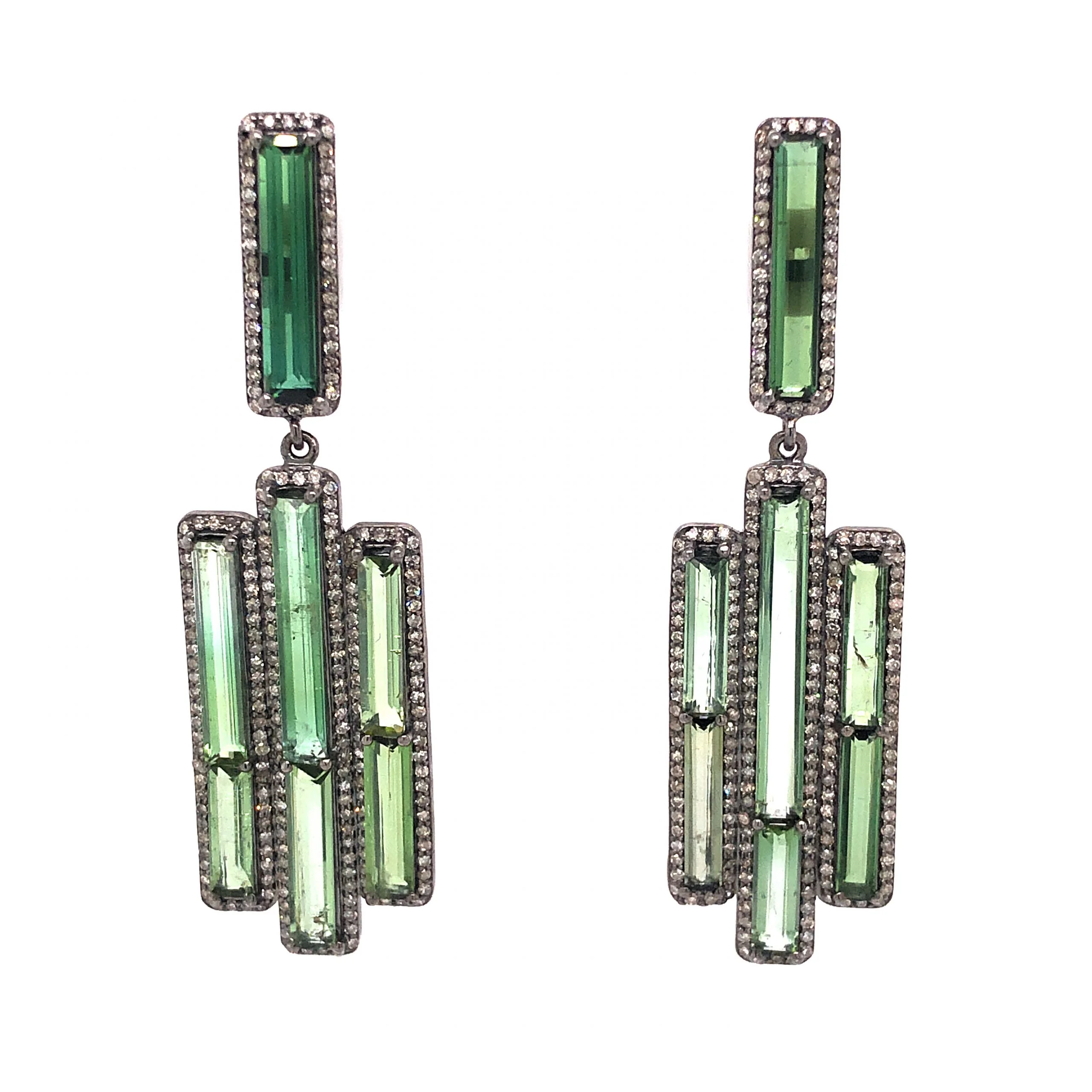 Green Tourmaline & Pave Diamond Drop Earrings in Sterling Silver