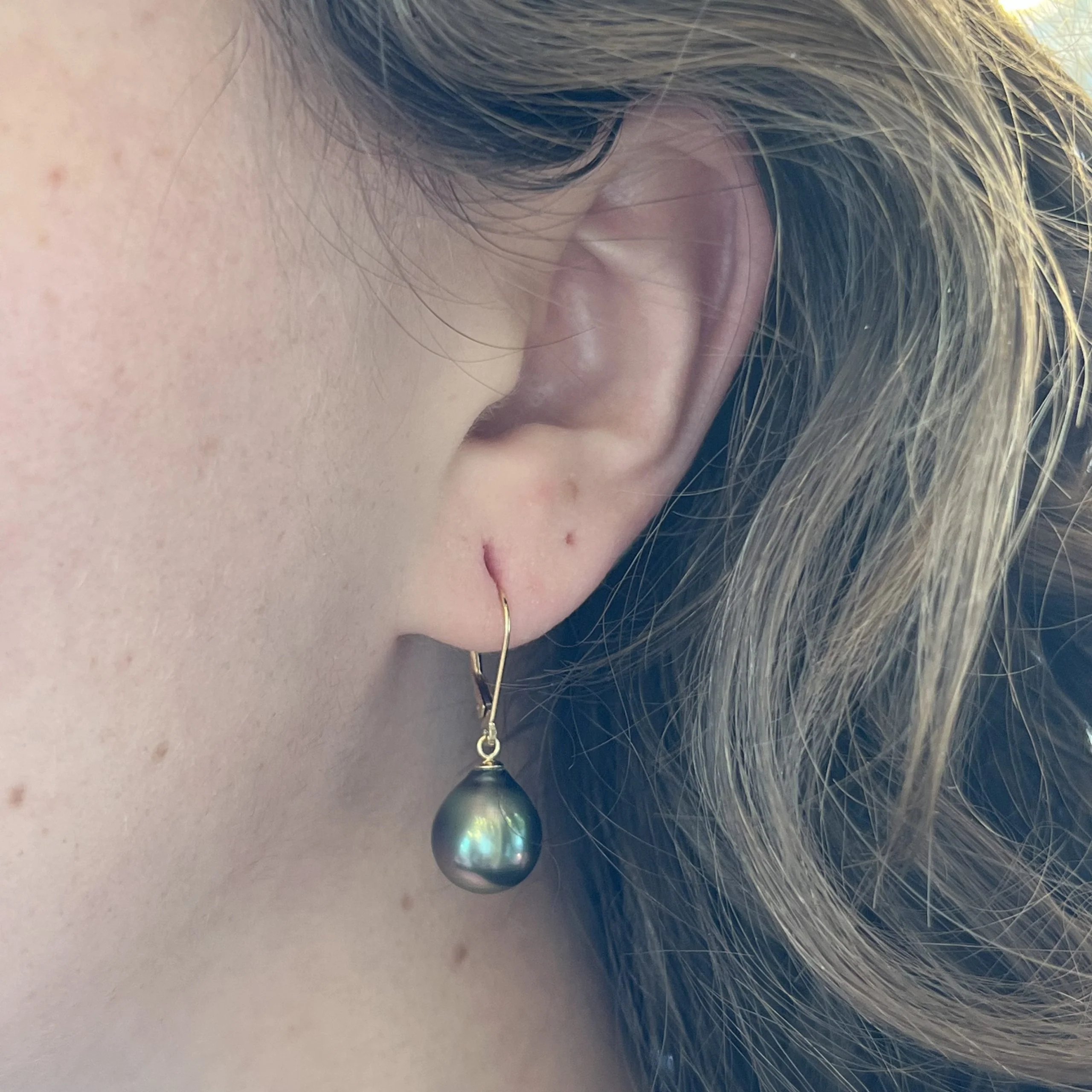 Grey Pearl Drop Earrings in 14k Yellow Gold - Image 4