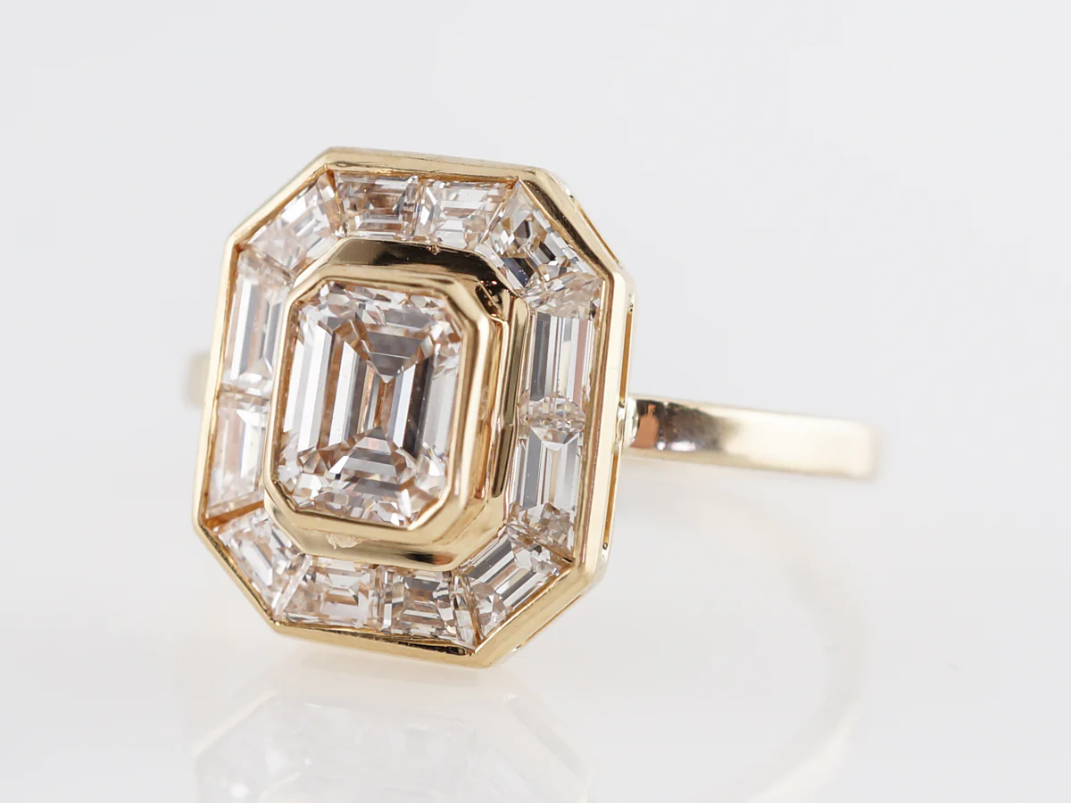 Halo Emerald Cut Diamond Engagement Ring in Yellow Gold - Image 2