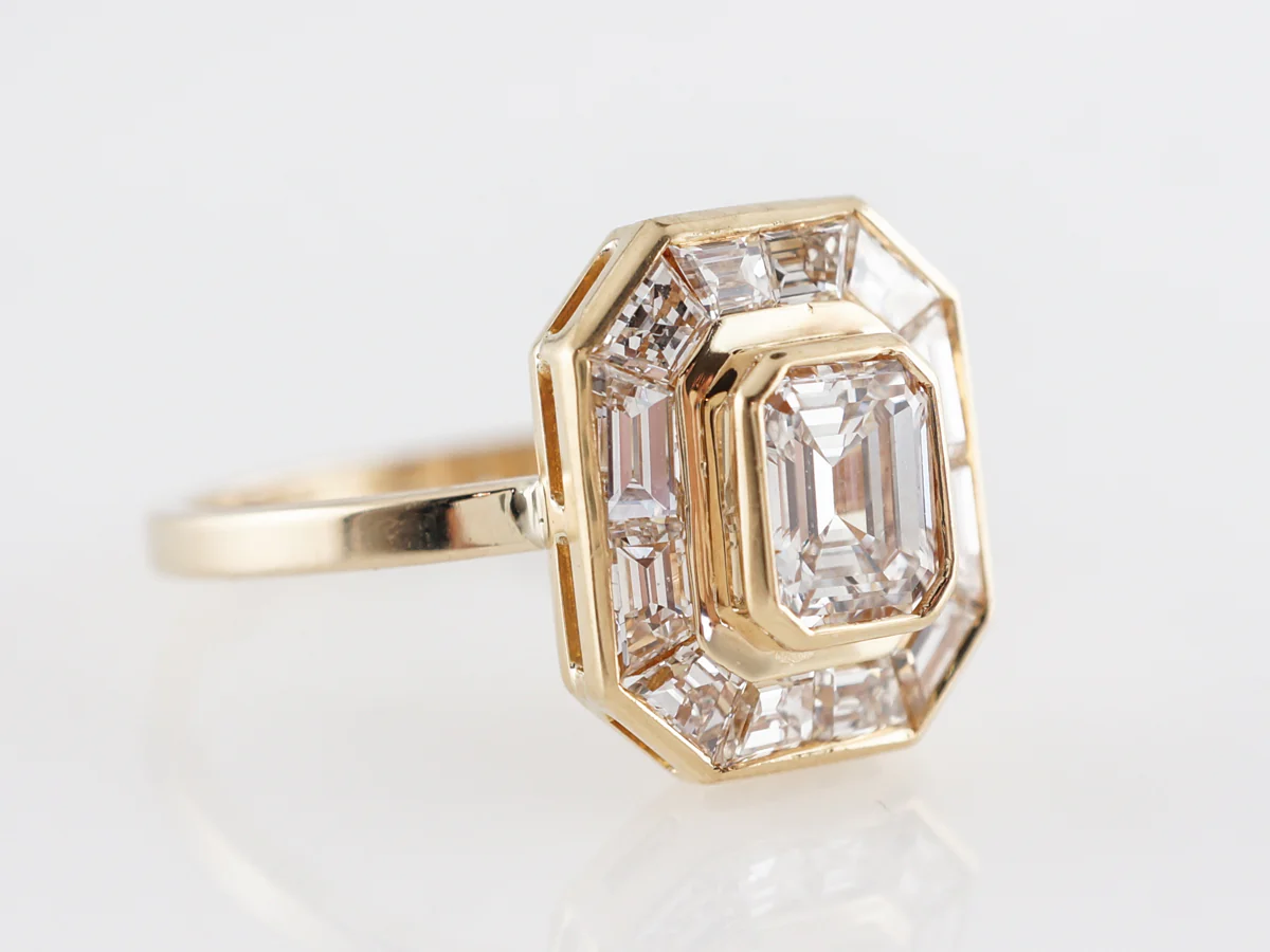 Halo Emerald Cut Diamond Engagement Ring in Yellow Gold - Image 3