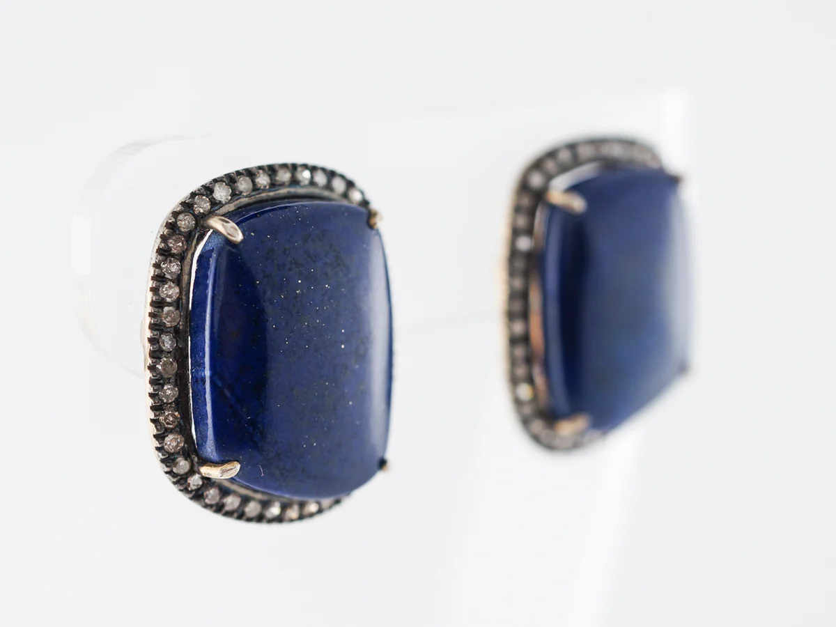 Halo Style Earrings w/ Lapis & Diamonds in Sterling Silver - Image 2