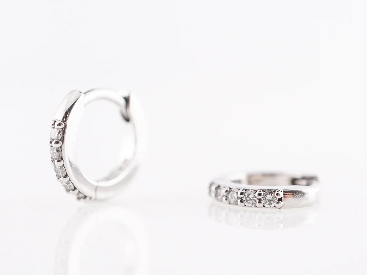 Huggie Hoop Earrings w/ Diamonds in 14k White Gold - Image 2