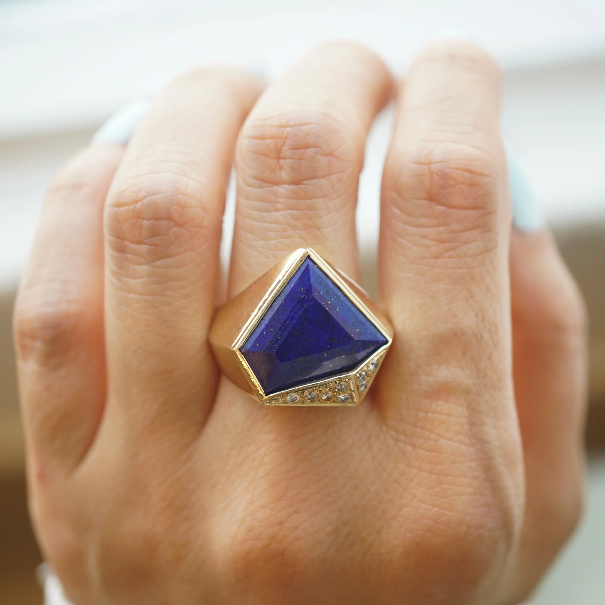 Lapis Lazuli & Diamond Cocktail Ring in 14k Yellow Gold - Image 7