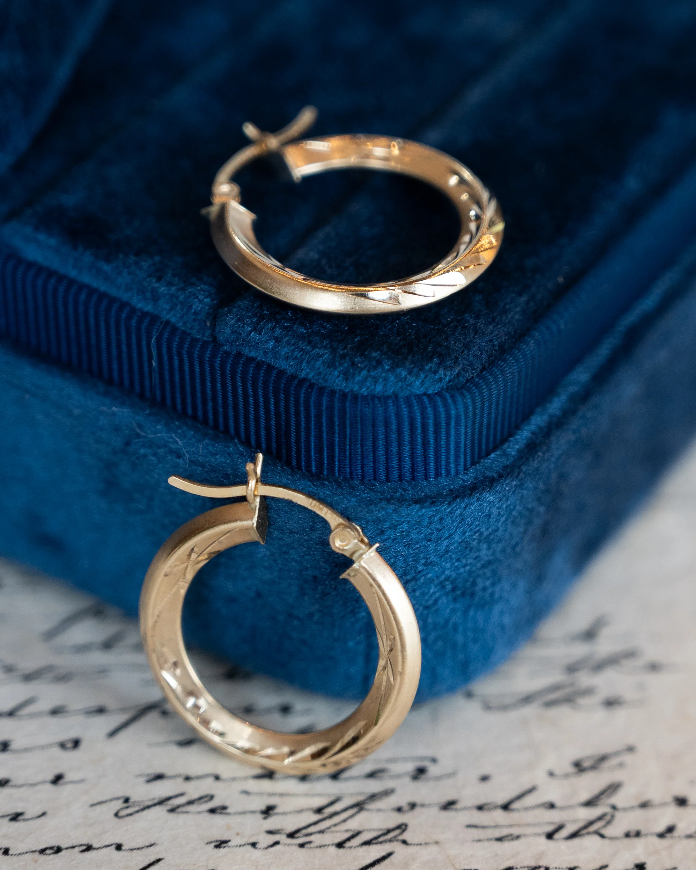 Laser Cut Brushed Hoop Earrings 14k Yellow Gold - Image 4