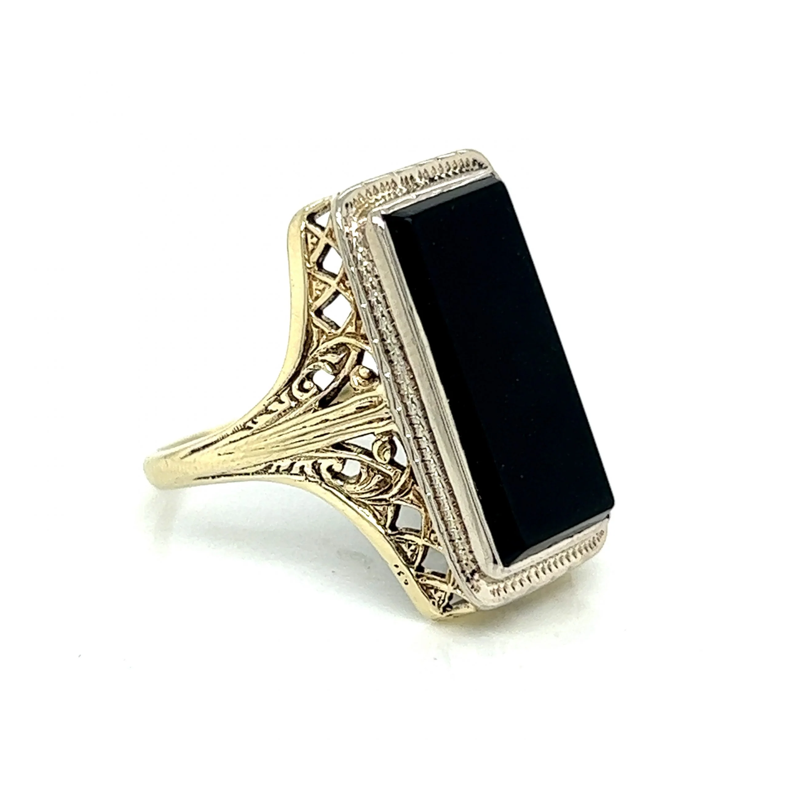 Late Art Deco Onyx Ring in 14k White & Yellow Gold - Image 3