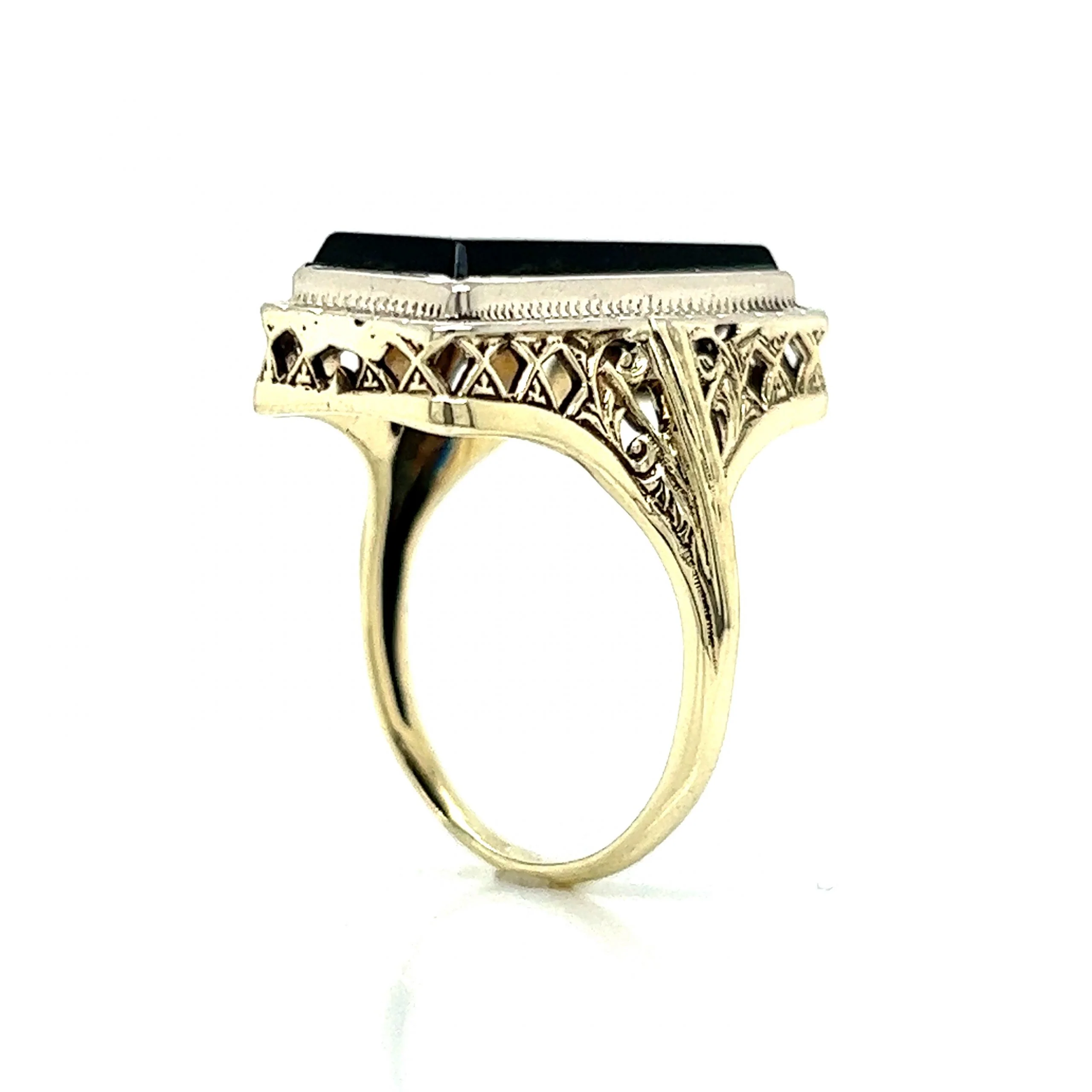 Late Art Deco Onyx Ring in 14k White & Yellow Gold - Image 5