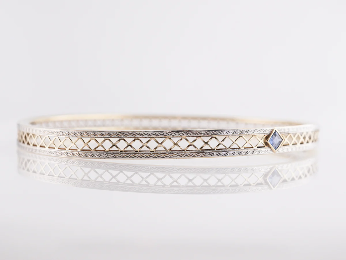 Late Art Deco Sapphire Bangle Bracelet in 14k White & Yellow Gold - Image 3