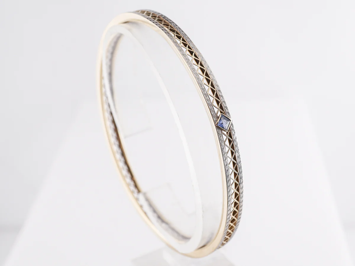 Late Art Deco Sapphire Bangle Bracelet in 14k White & Yellow Gold - Image 5