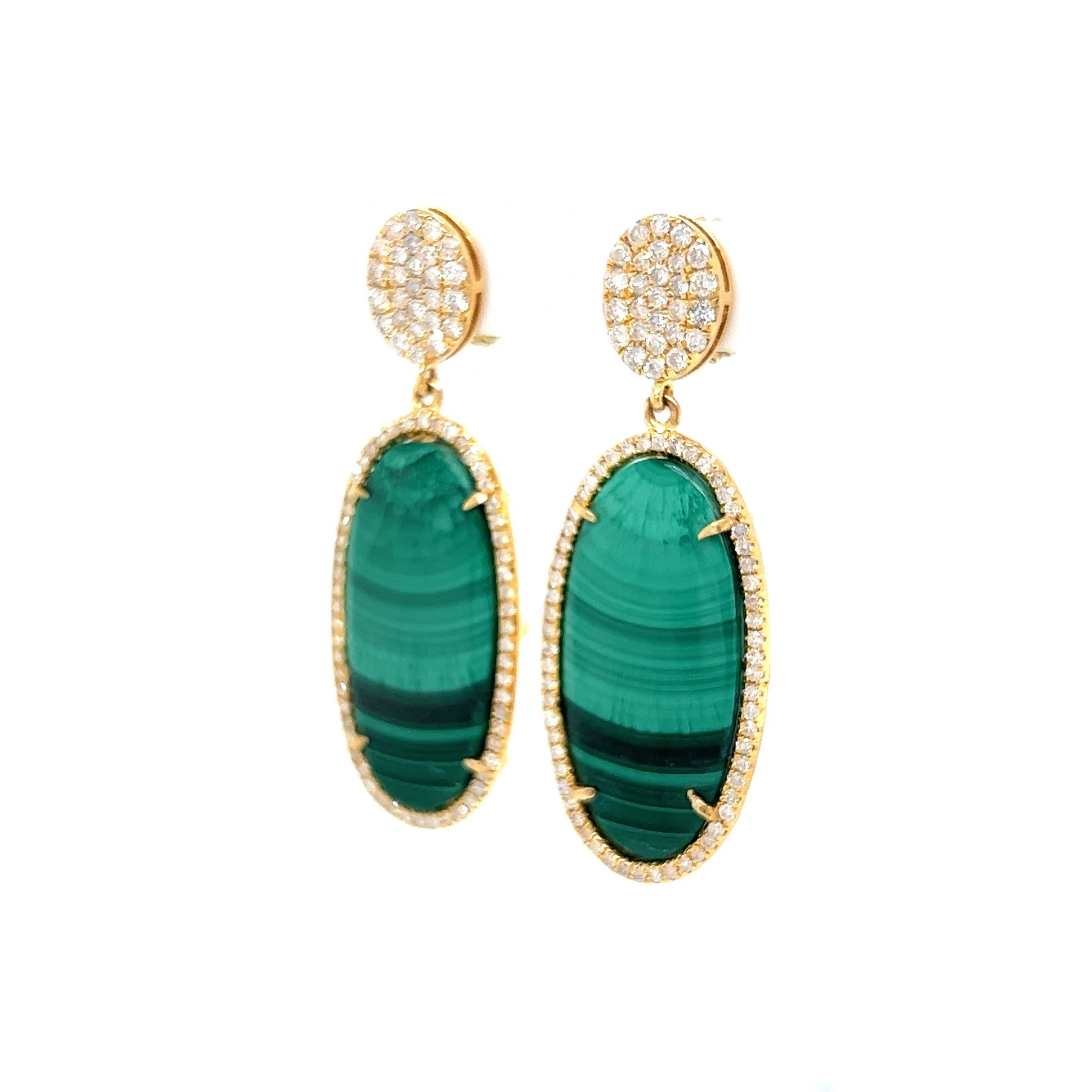 Malachite & Diamond Drop Earrings in 18k Yellow Gold - Image 2