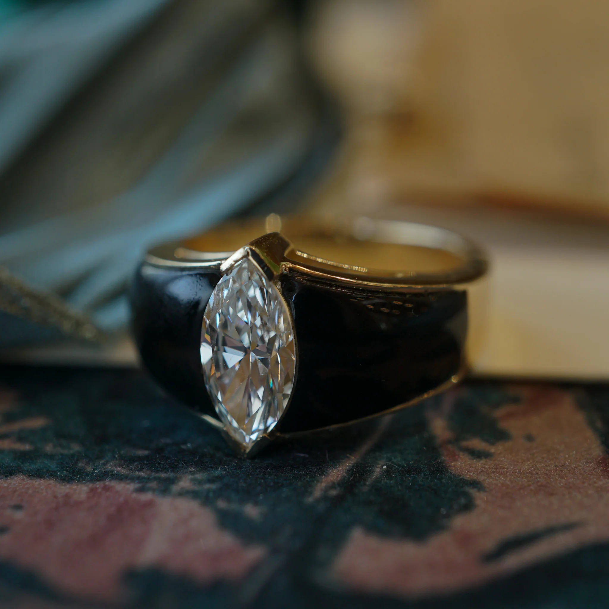 Marquise Diamond & Onyx Cocktail Ring in 14k Yellow Gold - Image 6