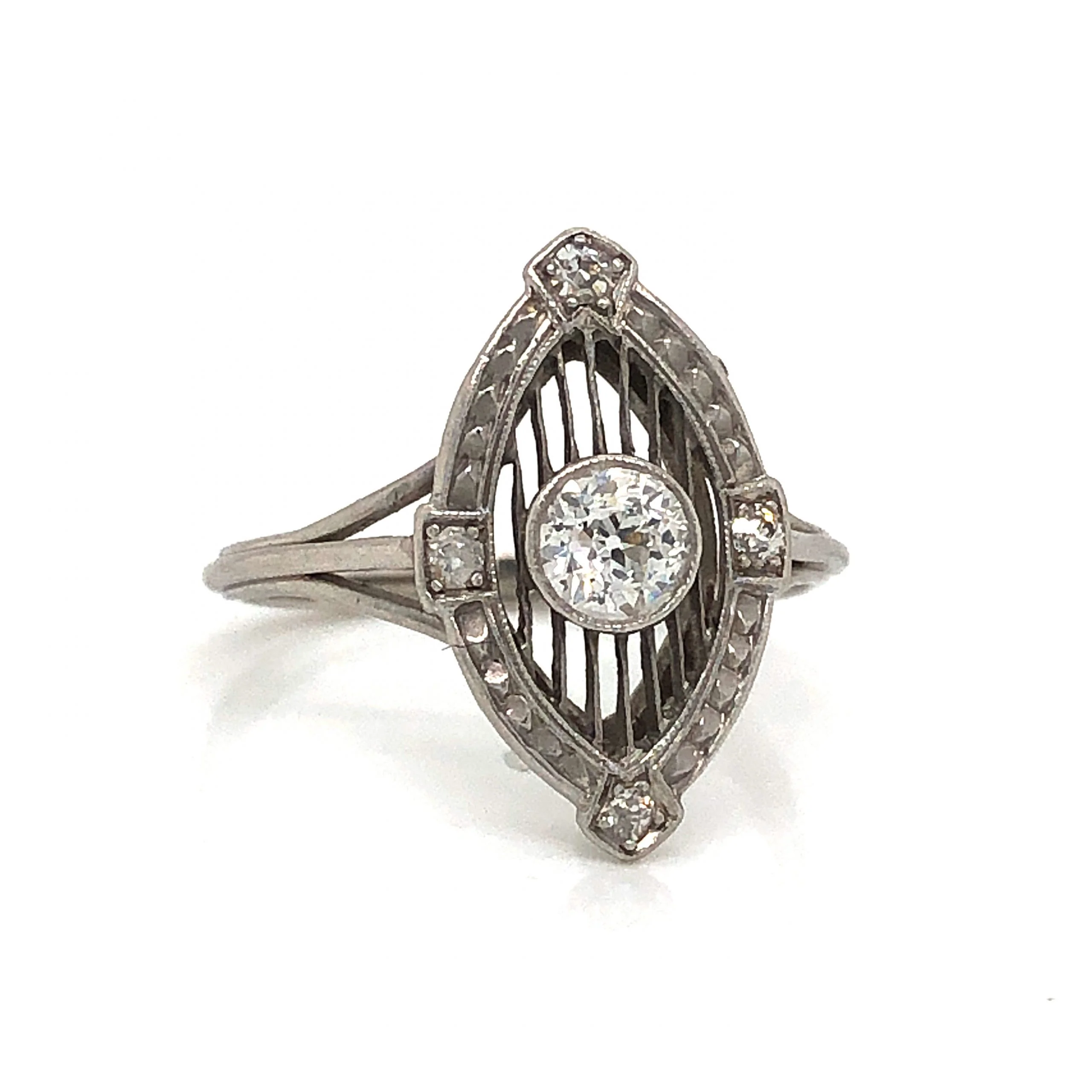 Marquise Shaped Art Deco Diamond Cocktail Ring in Platinum - Image 3