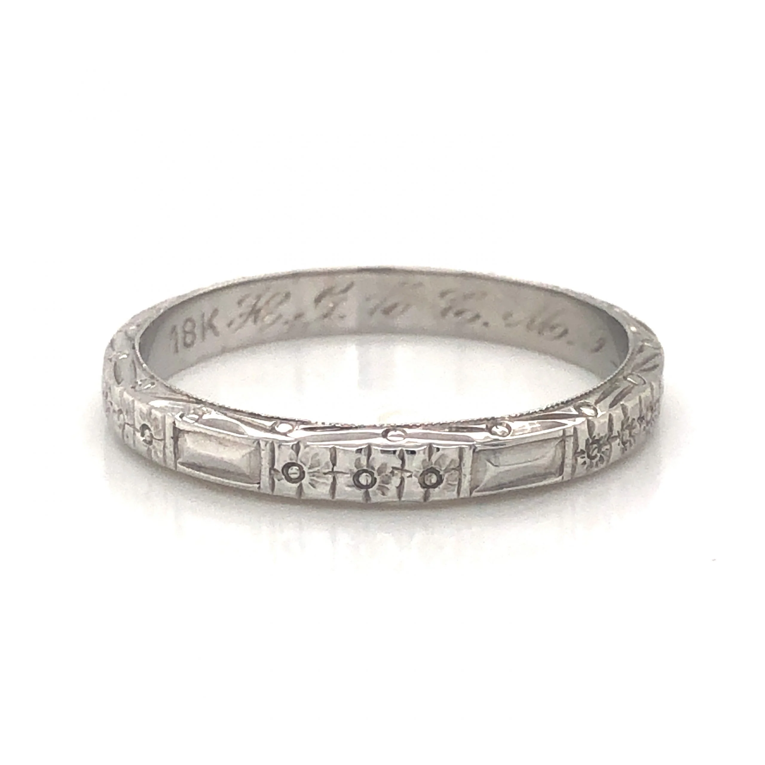 Men's 3mm Deco Orange Blossom Wedding Band in 18k White Gold - Image 3