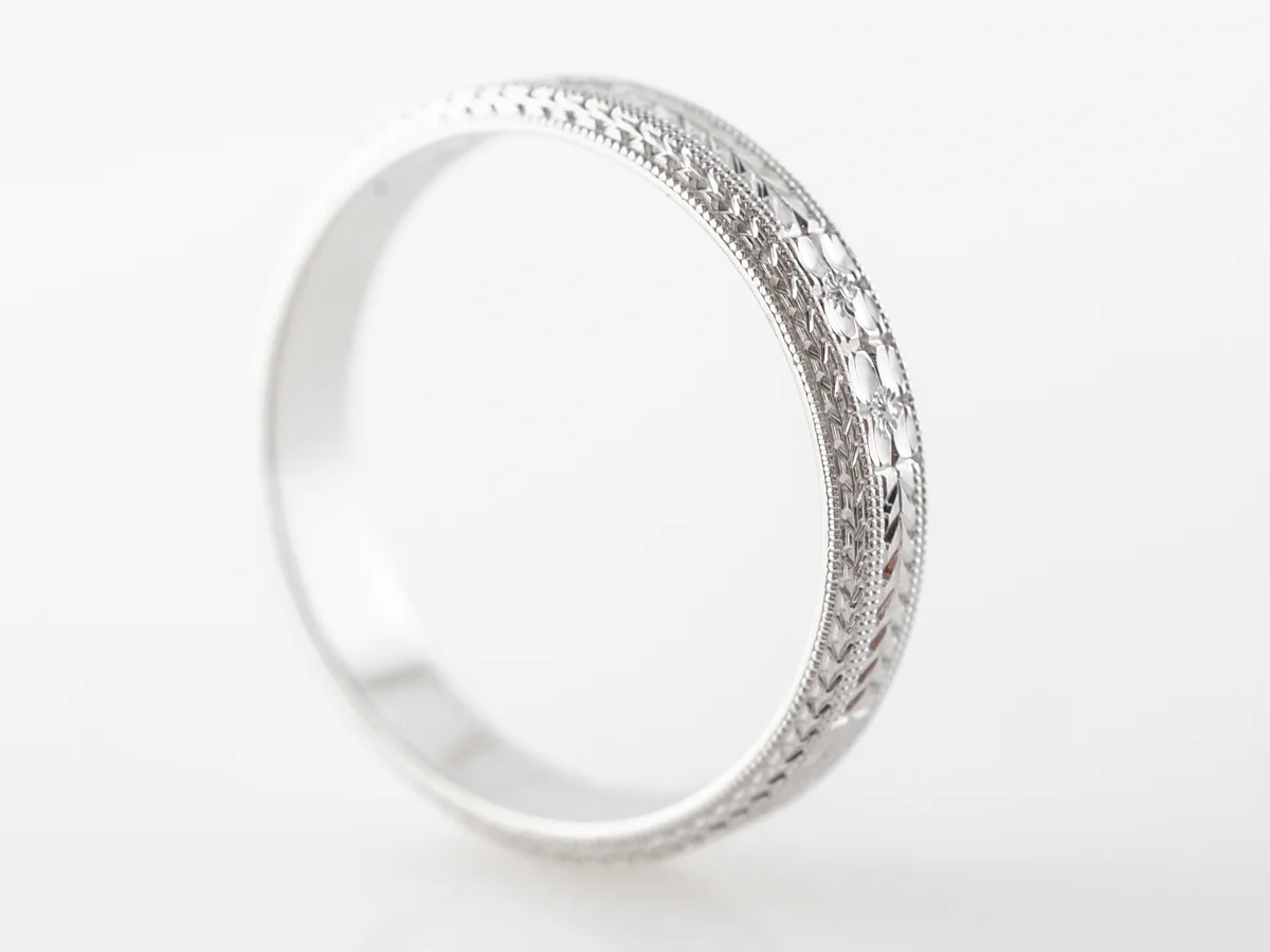 Men's Art Deco Wedding Band w/ Engraving in 18 White Gold - Image 3