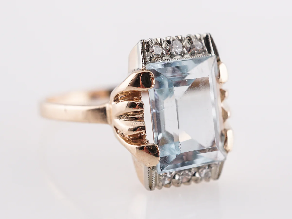 Mid-Century Aquamarine & Diamond Ring in 14k Yellow Gold - Image 3