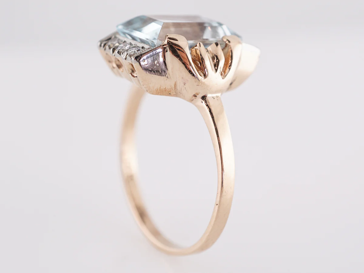 Mid-Century Aquamarine & Diamond Ring in 14k Yellow Gold - Image 5