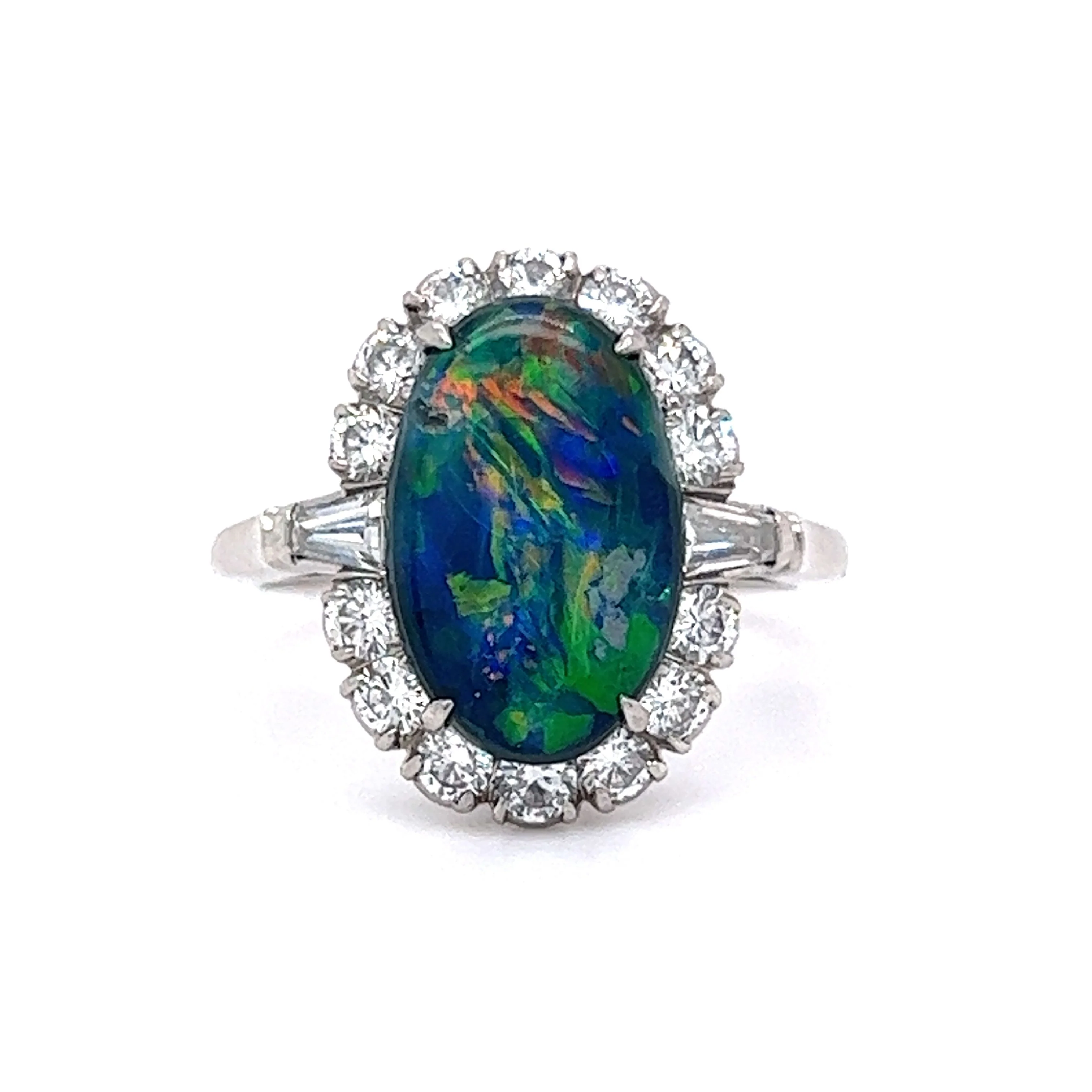 Mid-Century Australian Black Opal & Diamond Ring in Platinum