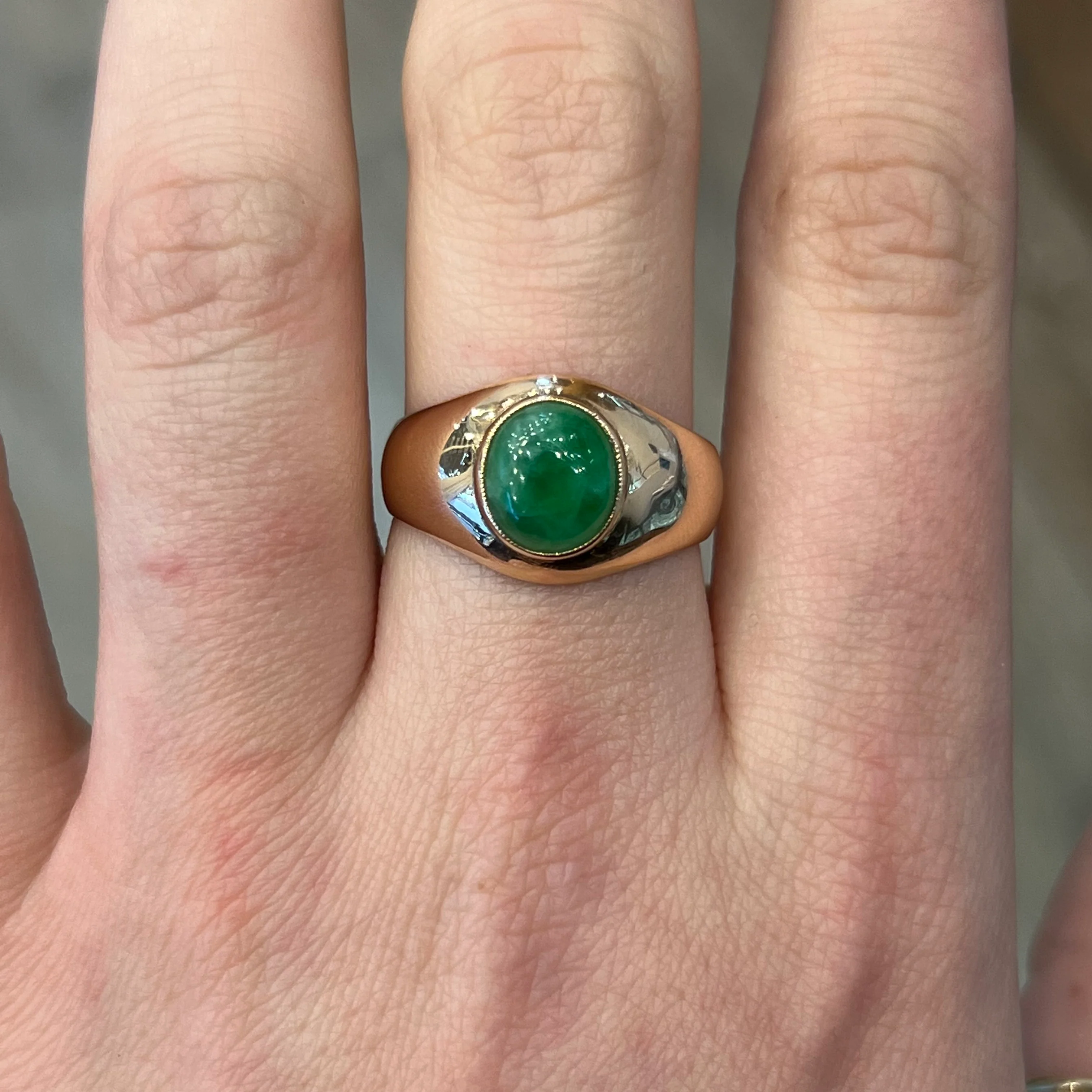 Mid-Century Cabochon Jade Cocktail Ring in 14k Rose Gold - Image 6