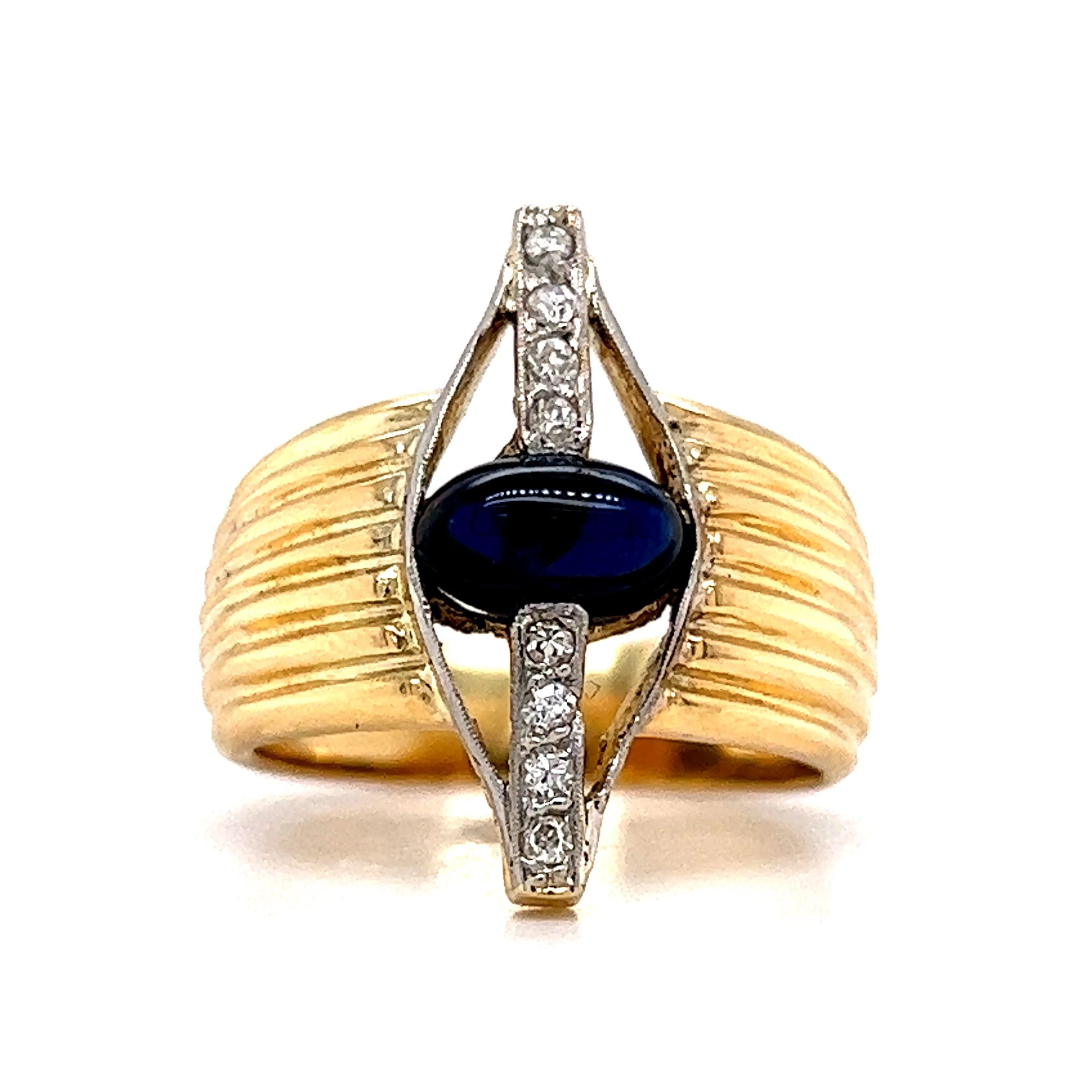 Mid-Century Cabochon Sapphire & Diamond Ring in 18k Yellow Gold