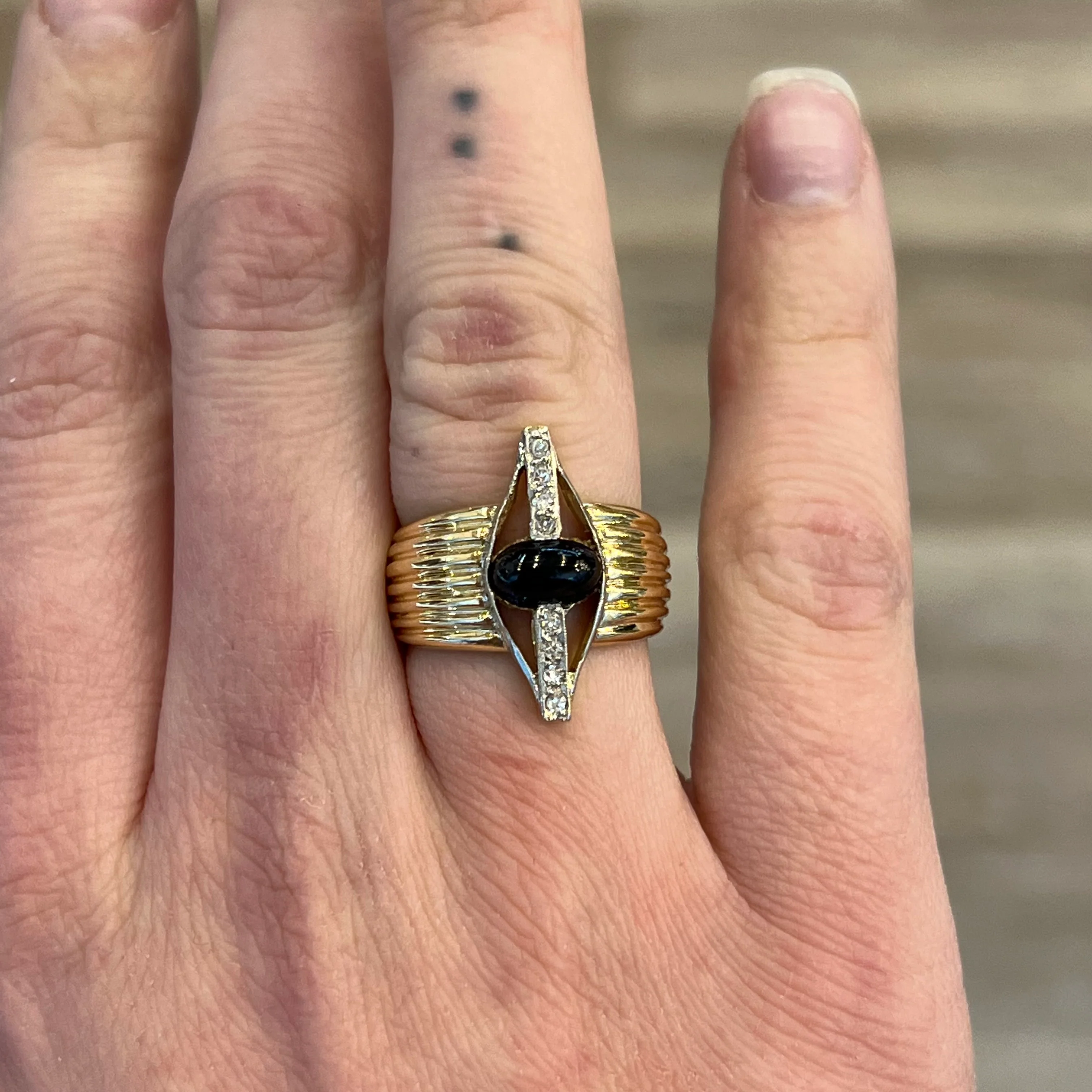 Mid-Century Cabochon Sapphire & Diamond Ring in 18k Yellow Gold - Image 6