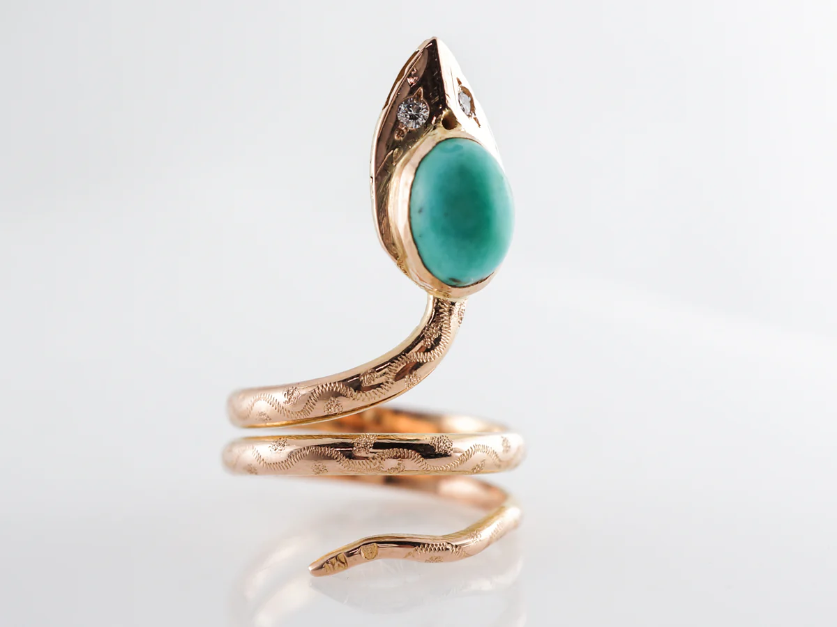 Mid-Century Cabochon Turquoise & Diamond Snake Ring 14k - Image 3