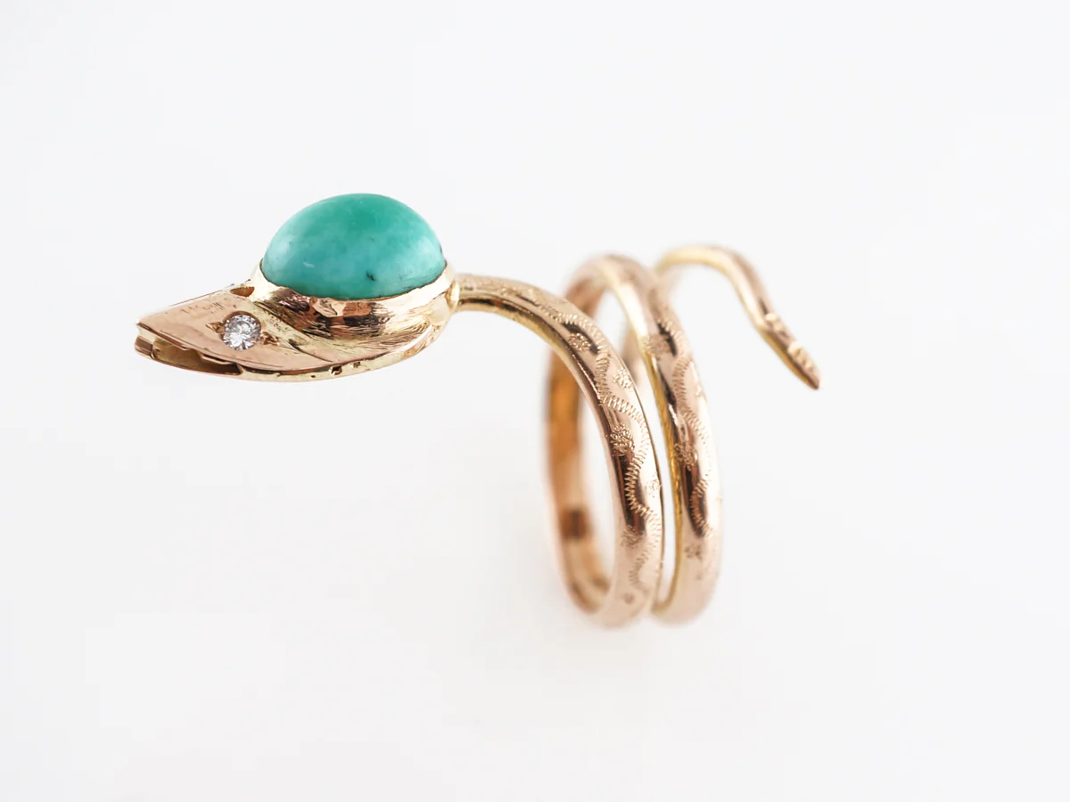 Mid-Century Cabochon Turquoise & Diamond Snake Ring 14k - Image 4