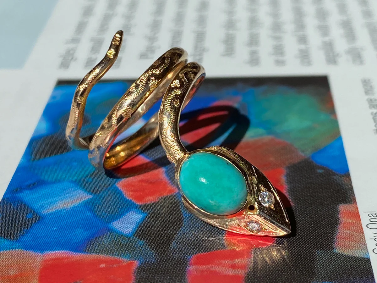 Mid-Century Cabochon Turquoise & Diamond Snake Ring 14k - Image 5