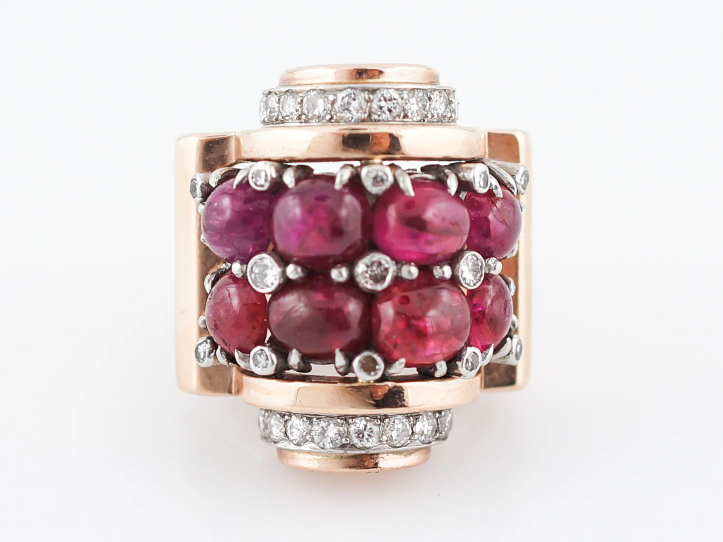 Mid Century Retro 9.57 Ruby Cocktail Ring With Round Brilliant Diamonds in 14k Rose Gold