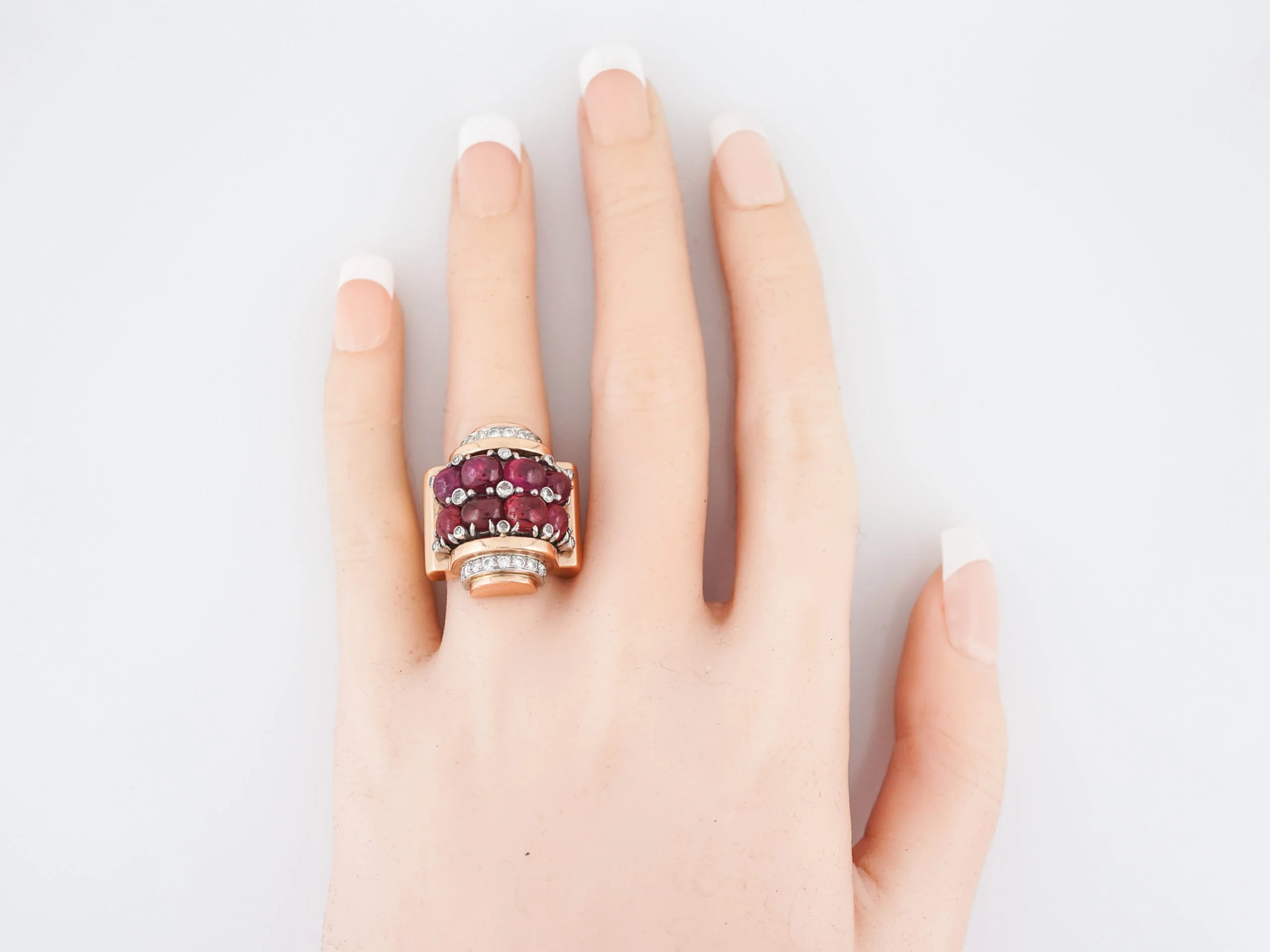 Mid Century Retro 9.57 Ruby Cocktail Ring With Round Brilliant Diamonds in 14k Rose Gold - Image 4
