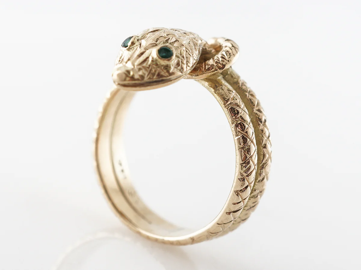 Mid-Century Snake Ring w/ Round Cut Emeralds in 14k Yellow Gold - Image 5
