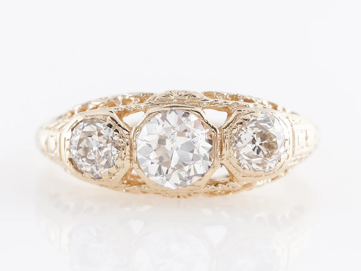 Mid-Century Three Stone Diamond Ring 14k Yellow Gold