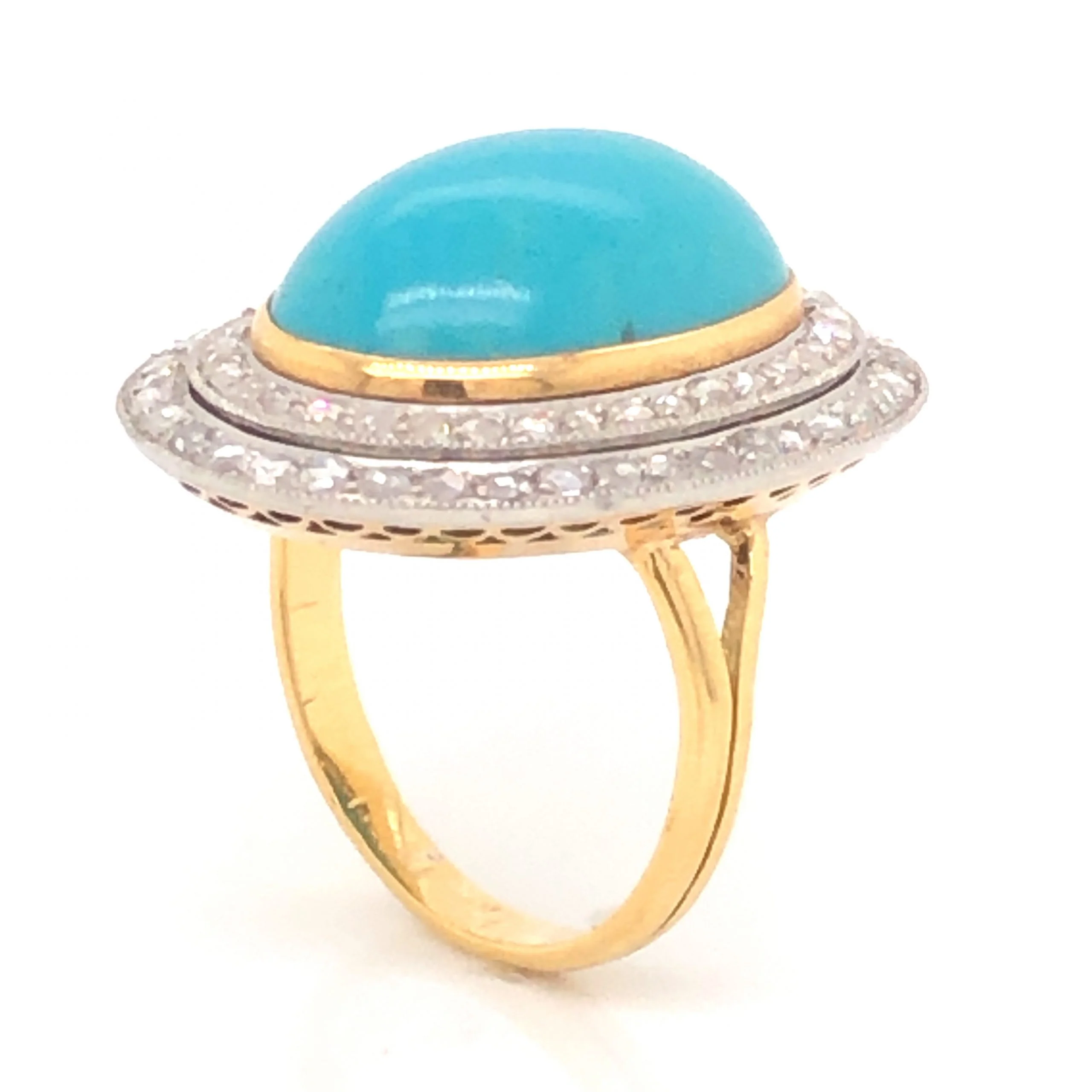 Mid-Century Turquoise and Diamond Cocktail Ring in 14k and Platinum - Image 4