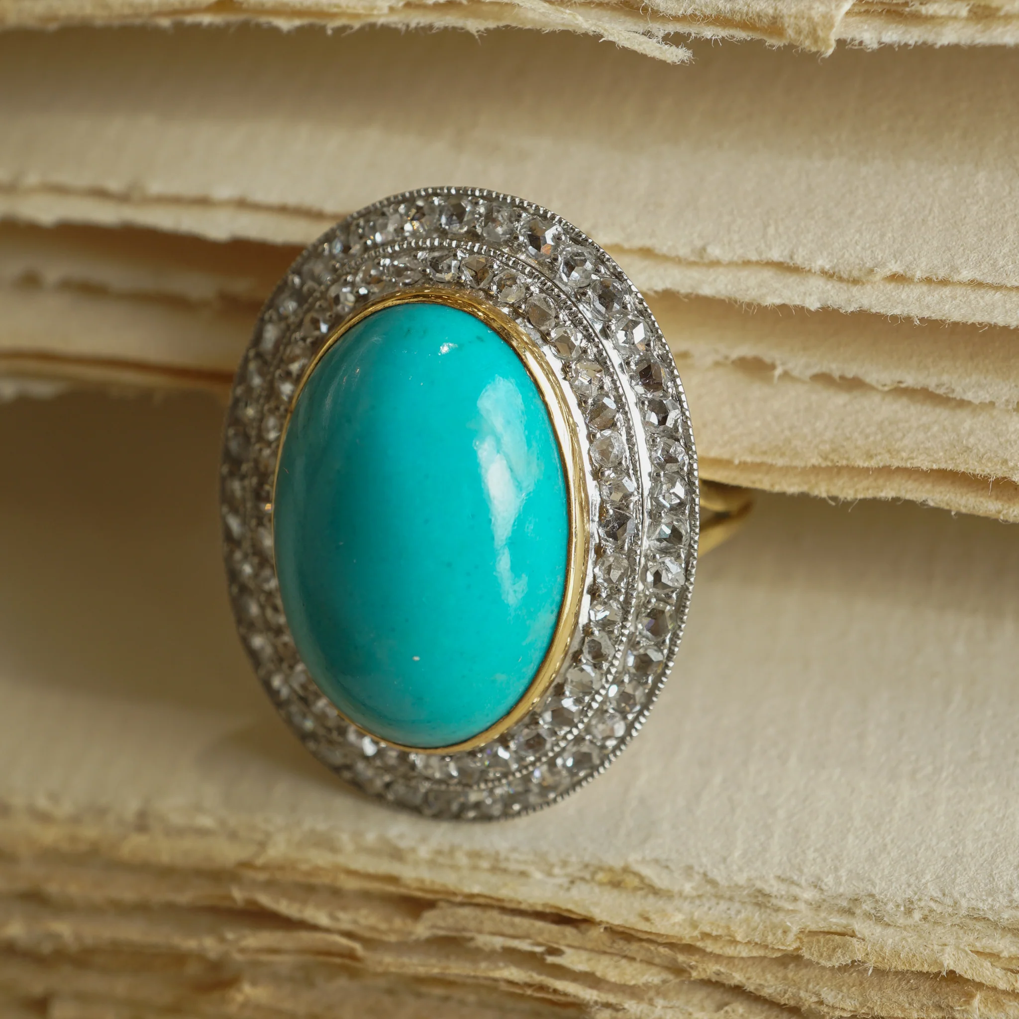 Mid-Century Turquoise and Diamond Cocktail Ring in 14k and Platinum - Image 5