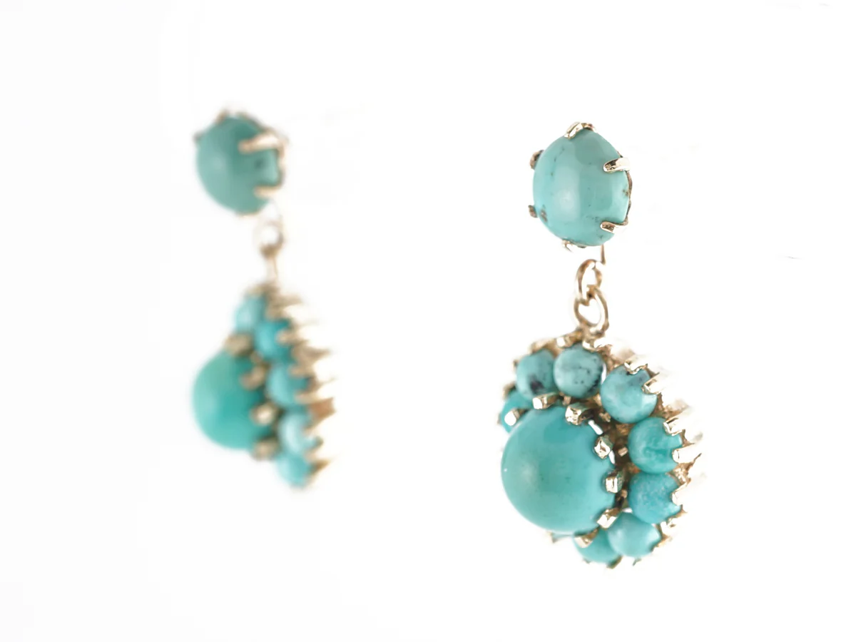 Mid-Century Turquoise Drop Earrings in 14k Yellow Gold - Image 2