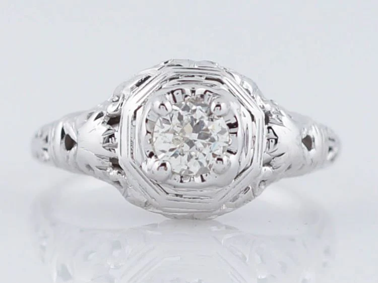 Mine Cut Art Deco Diamond Filigree Engagement Ring in 18k