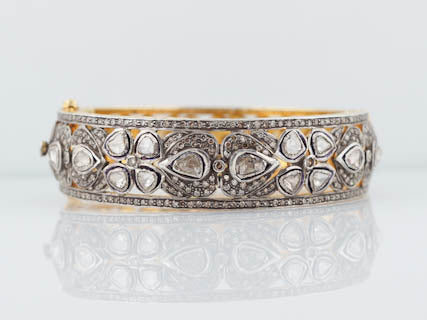Antique Style 12.42 cttw Wide Rose Cut Diamond Bangle Cuff Bracelet in 14kt Yellow Gold and Sterling Silver - Image 2