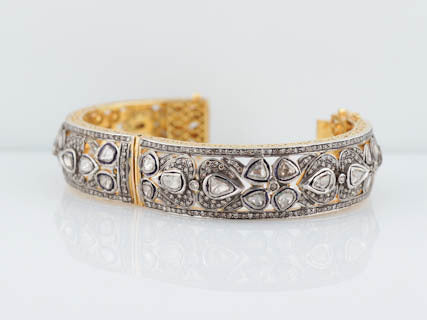 Antique Style 12.42 cttw Wide Rose Cut Diamond Bangle Cuff Bracelet in 14kt Yellow Gold and Sterling Silver - Image 3