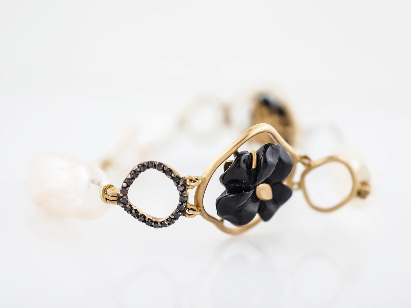 ***RTV***Modern Bracelet .36 White Diamonds, .72 Black Diamonds, Pearl & Onyx in 14K Yellow Gold - Image 2
