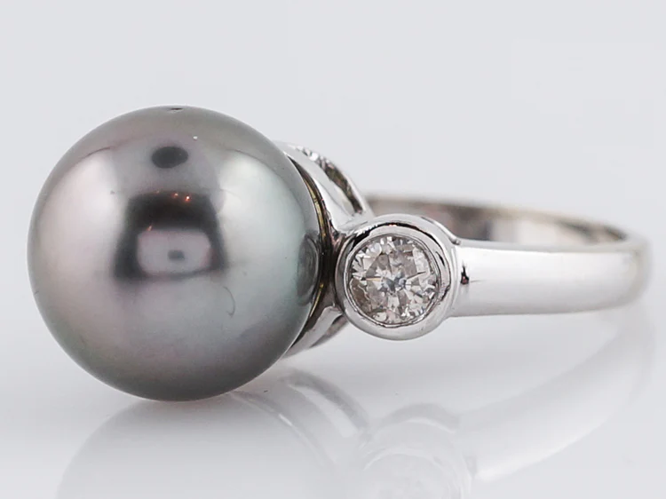 Modern Cocktail Ring Tahitian Pearl & .40 Round Brilliant Cut Diamonds in 14k White Gold - Image 3