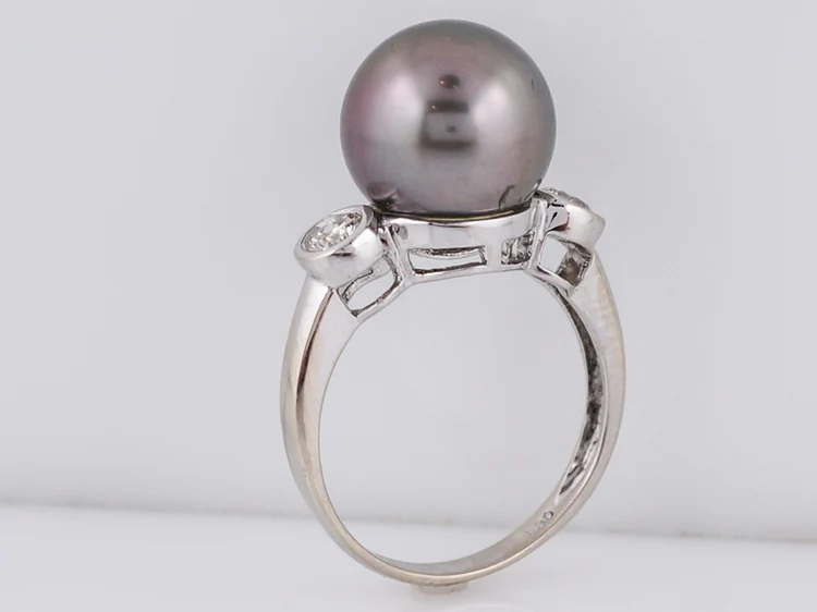 Modern Cocktail Ring Tahitian Pearl & .40 Round Brilliant Cut Diamonds in 14k White Gold - Image 5