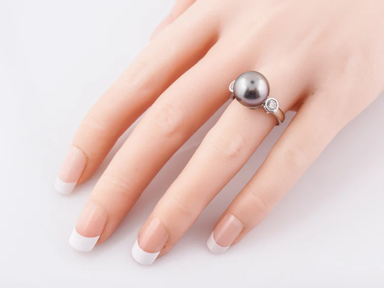 Modern Cocktail Ring Tahitian Pearl & .40 Round Brilliant Cut Diamonds in 14k White Gold - Image 6