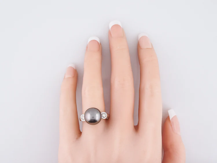 Modern Cocktail Ring Tahitian Pearl & .40 Round Brilliant Cut Diamonds in 14k White Gold - Image 7