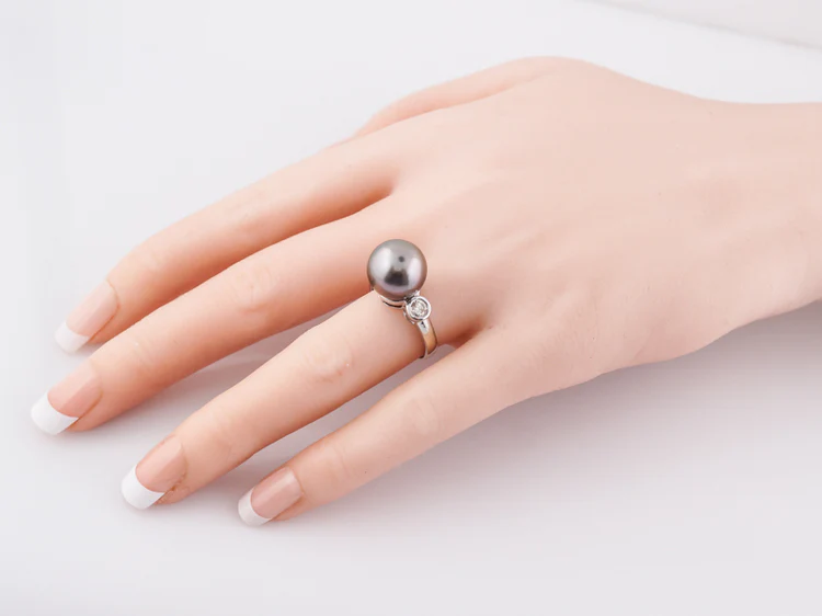 Modern Cocktail Ring Tahitian Pearl & .40 Round Brilliant Cut Diamonds in 14k White Gold - Image 9