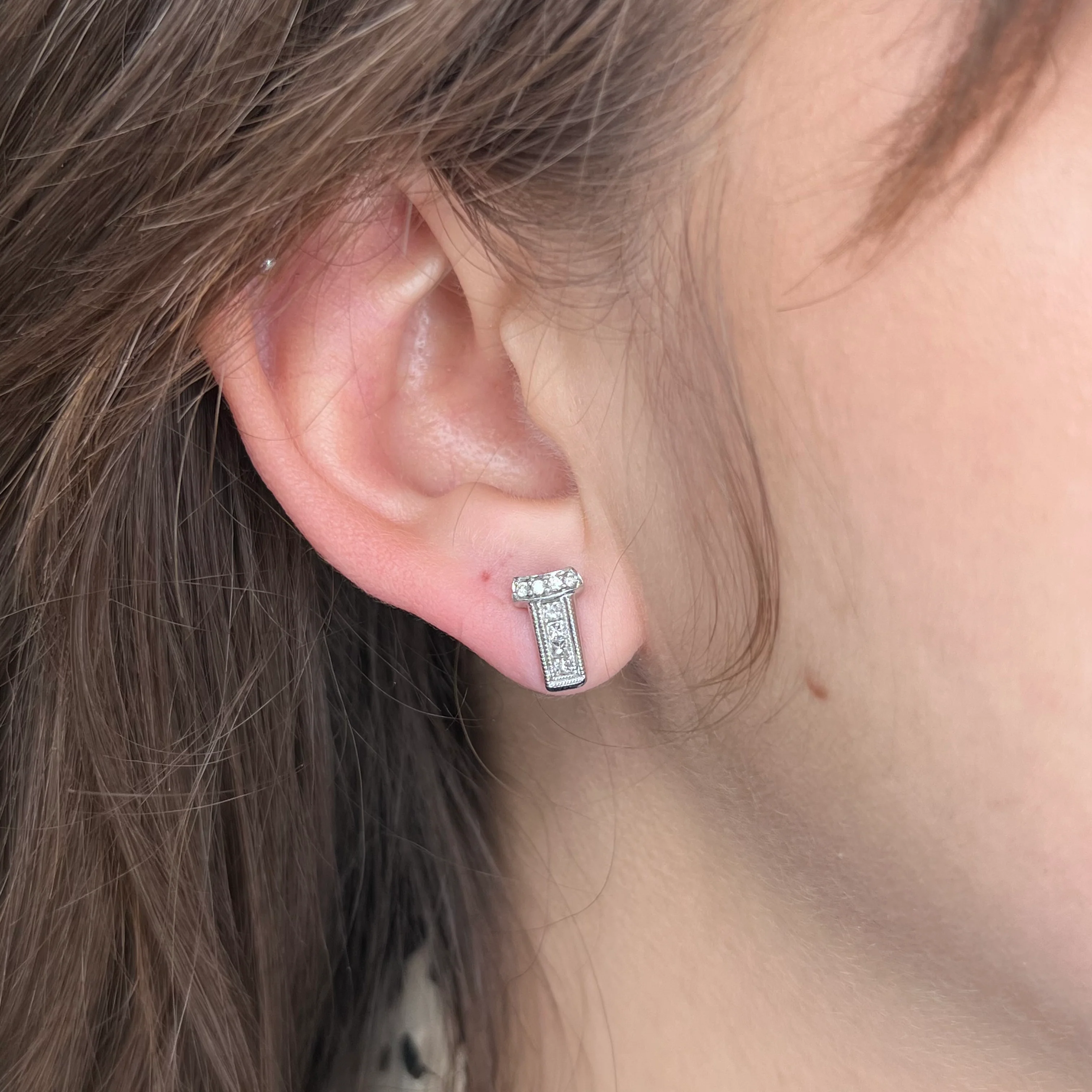 Modern Diamond Milgrain Bar Stud Earrings in 14 Karat White Gold - Image 4