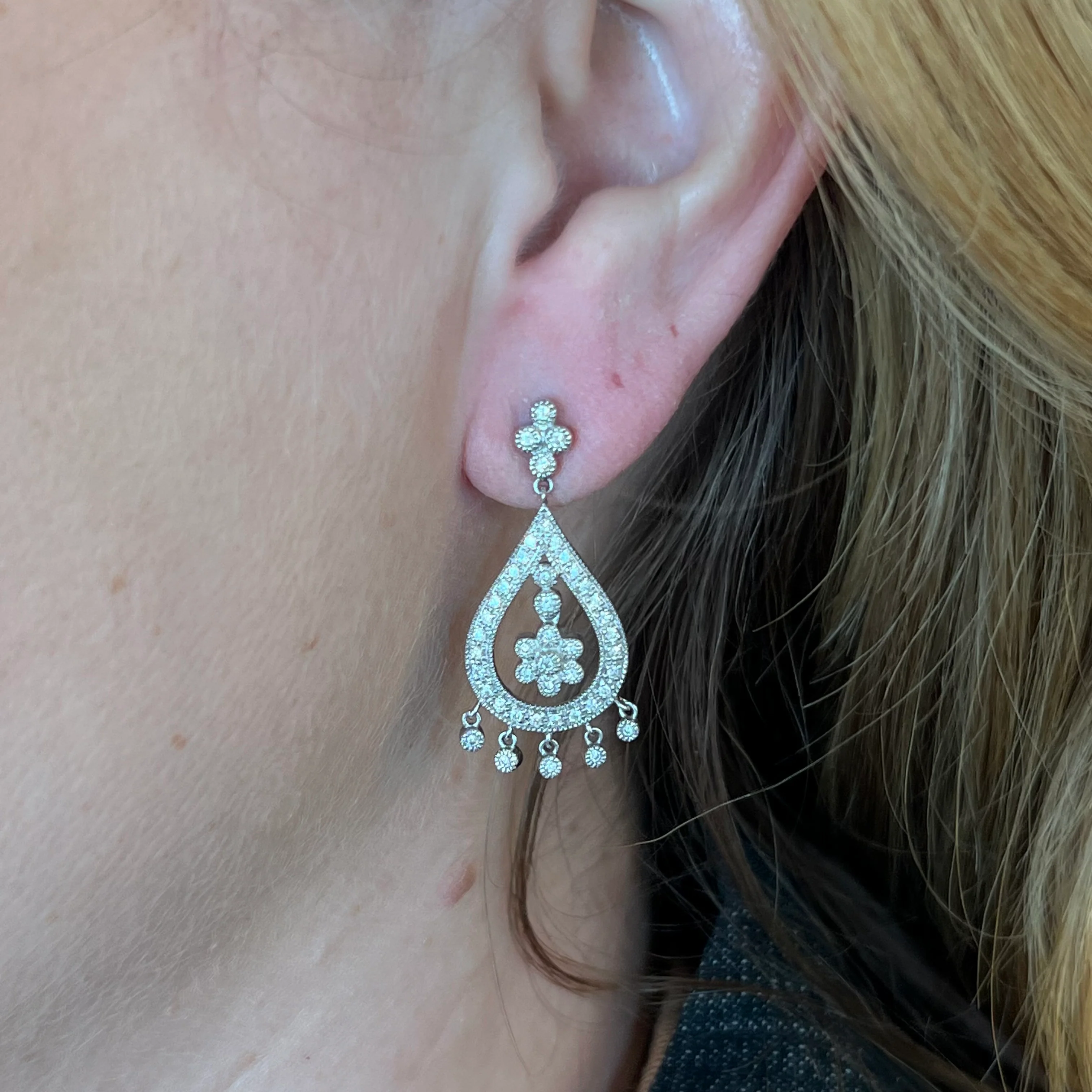 Antique Style Chandelier Diamond Dangle Earrings in 14k White Gold - Image 4